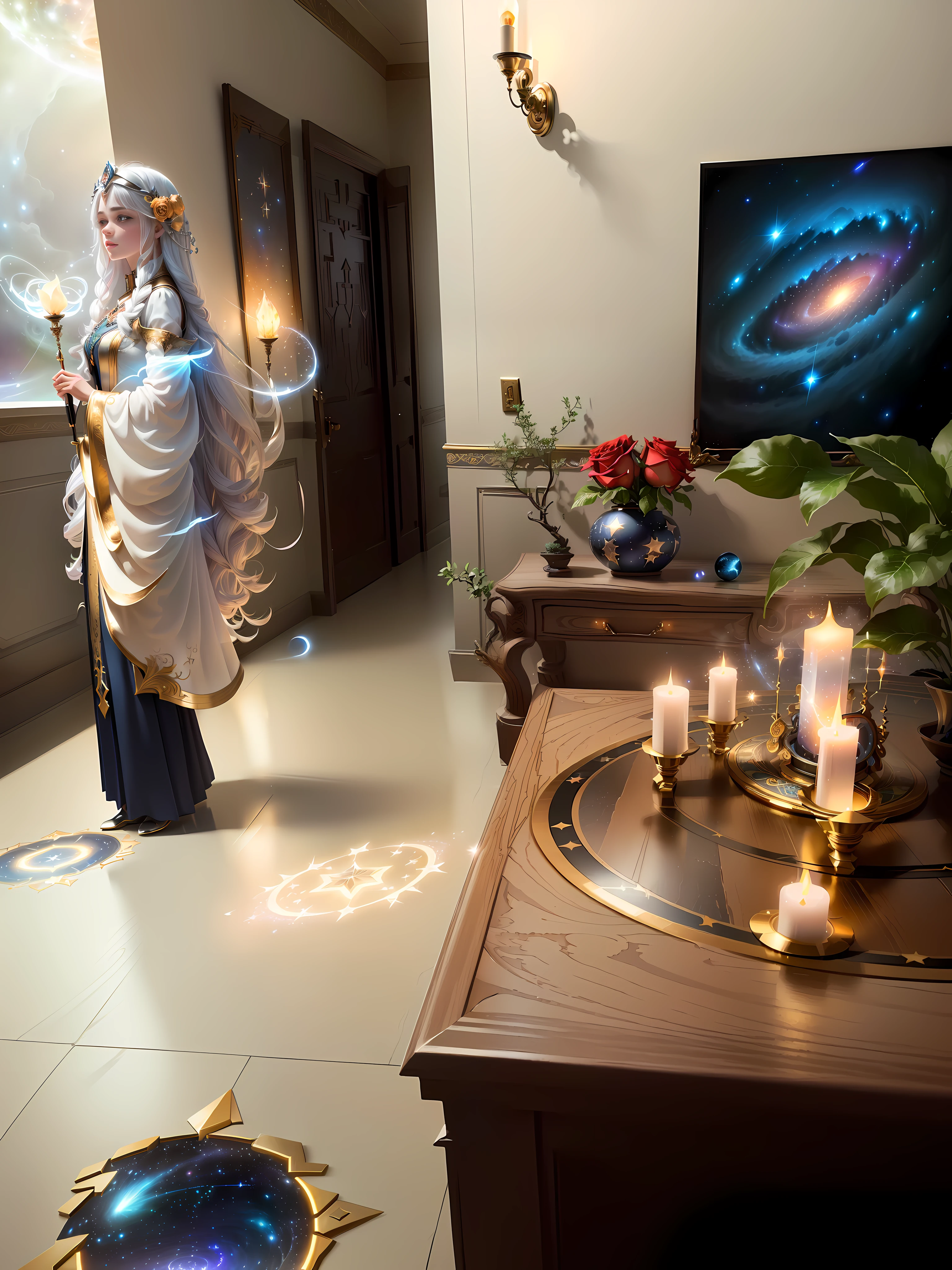 Masterpiece, best quality, (very detailed CG unity 8k wallpaper), (best quality), (best illustration), (best shadows), cosmic theme with natural elements. Circle, surrounded by planetary orbits and turbulence, with fireflies and glowing particle effects, (natural elements), (cosmic theme), (stars), (milky way), (stars), void, (delicate celestial bodies), (luminous), (particle effects). , isometric 3D, Octane rendering, ray tracing, super detailed (extremely detailed CG Unity 8k wallpaper, masterpiece, high quality, super detailed), 1girl (charming girl, lavish decoration, gorgeous, and charming red rose), (dynamic view, dazzling eyes, long silver hair: 1.3, fine collection,) surrounded by arcane runes, (magic and mysterious background, firefly lights, glowing particles, ethereal fog and darkness), high saturation