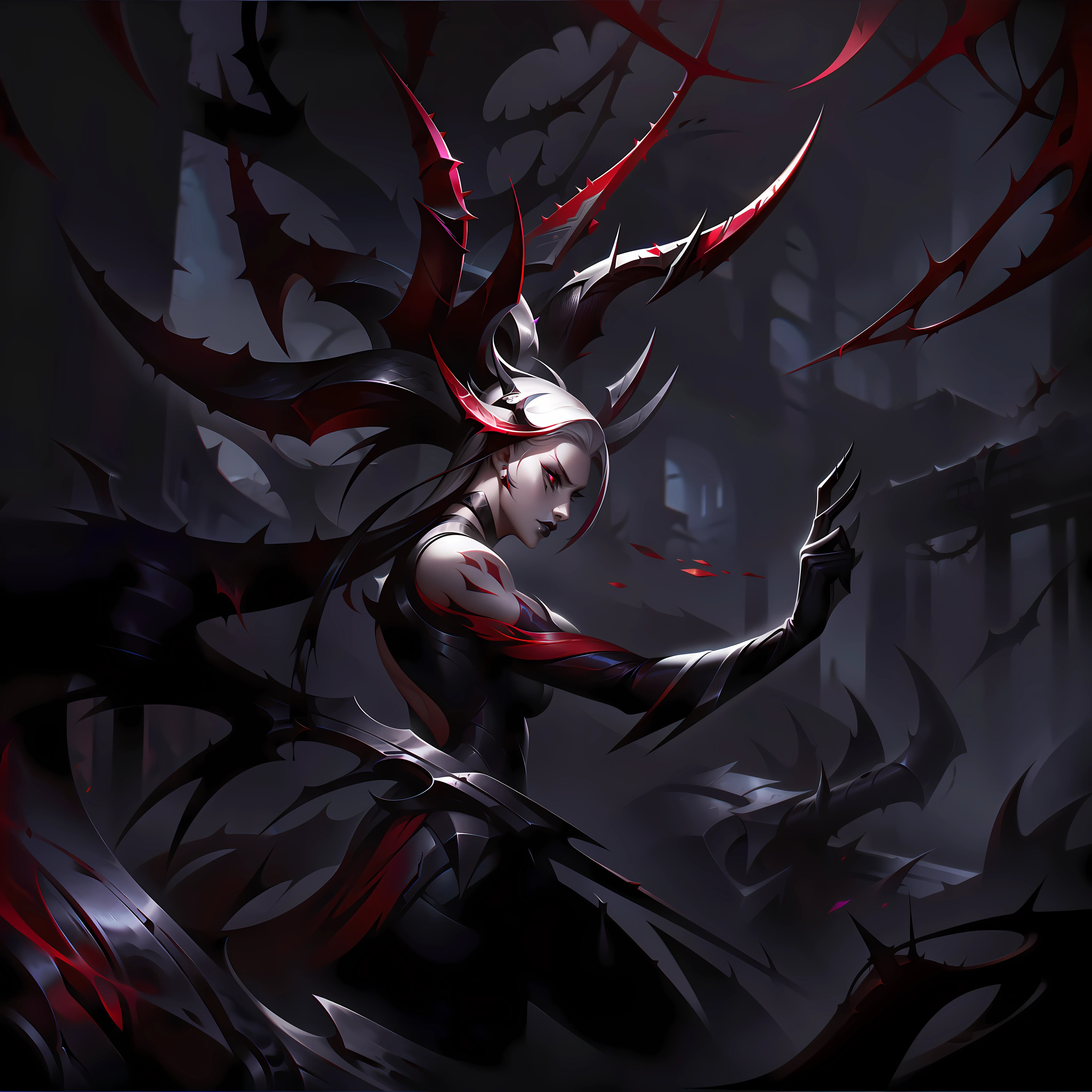 woman + thorns + metal + platinum + badass splashart, splashart, league of legends splashart, art, brushstroke, masterpiece, 8k, ultra detailed, HD