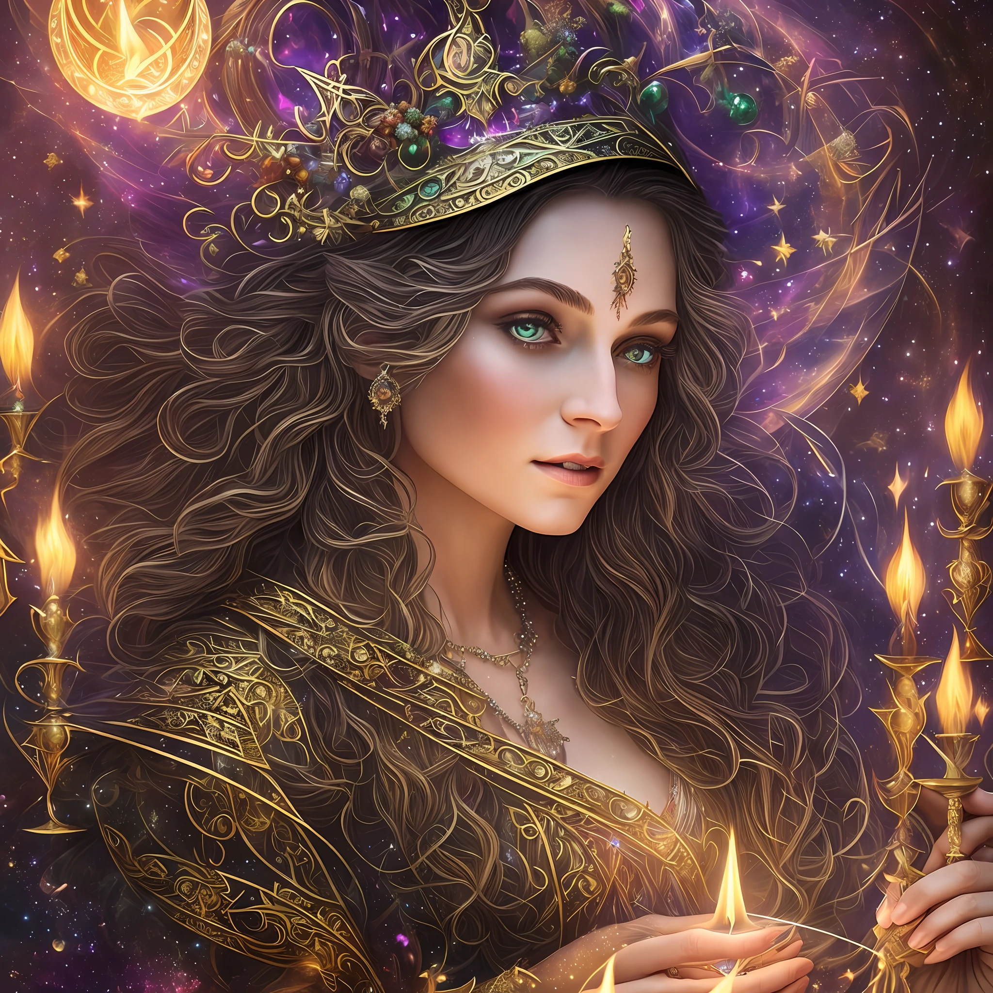 ((8k ultra-detailed masterpiece)), magical, mystical, a witch enchanted by her own grace, casting a spell with candles burning bright, surrounded by the power of Tarot cards, crystals glimmering with the magic that flows around her.