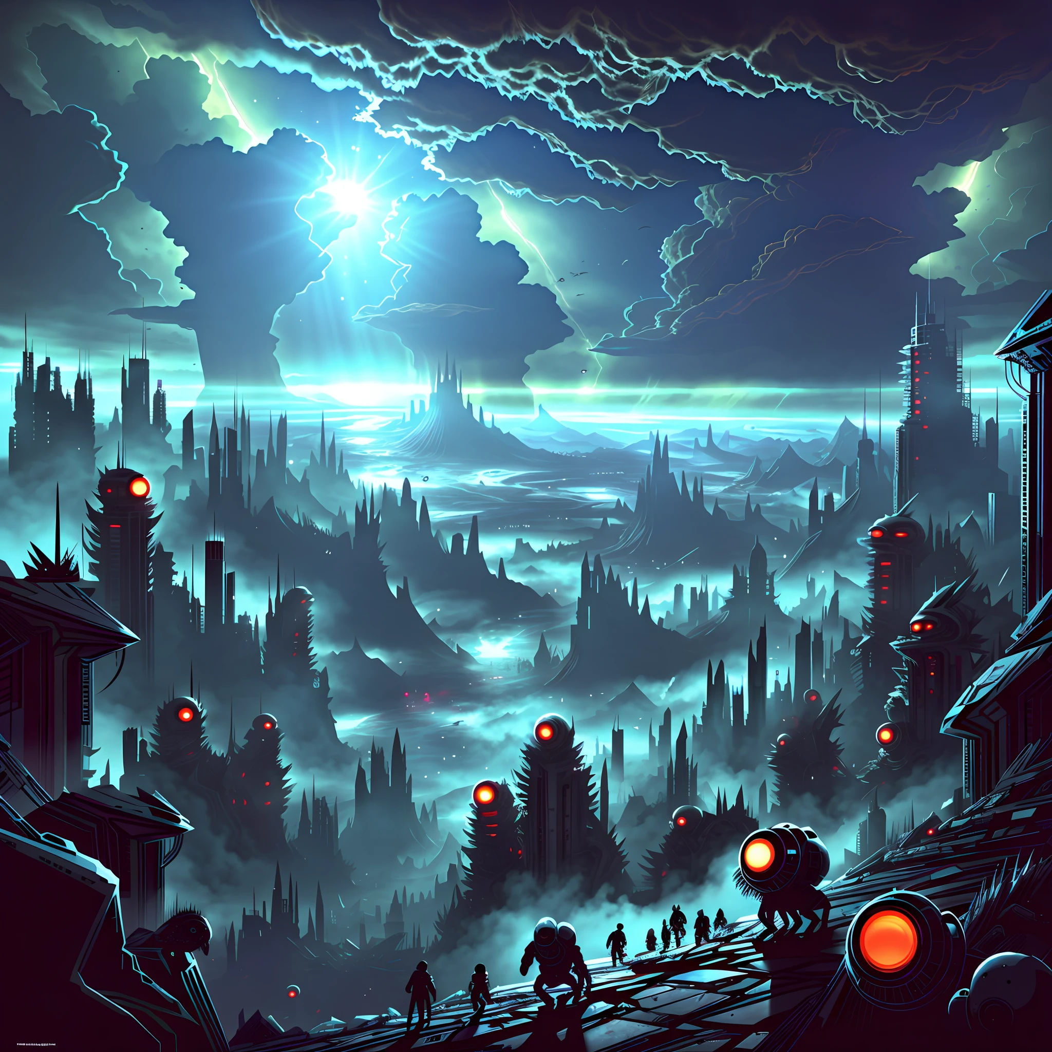 Wide angle, view from the top of the peak, rotten evil creatures invading a futurist city, devastation, apocalypse, cosmic explosion in the sky, dramatic, horror art, uhd, digital art, artstation, uhd, unreal engine, line art drawing style.