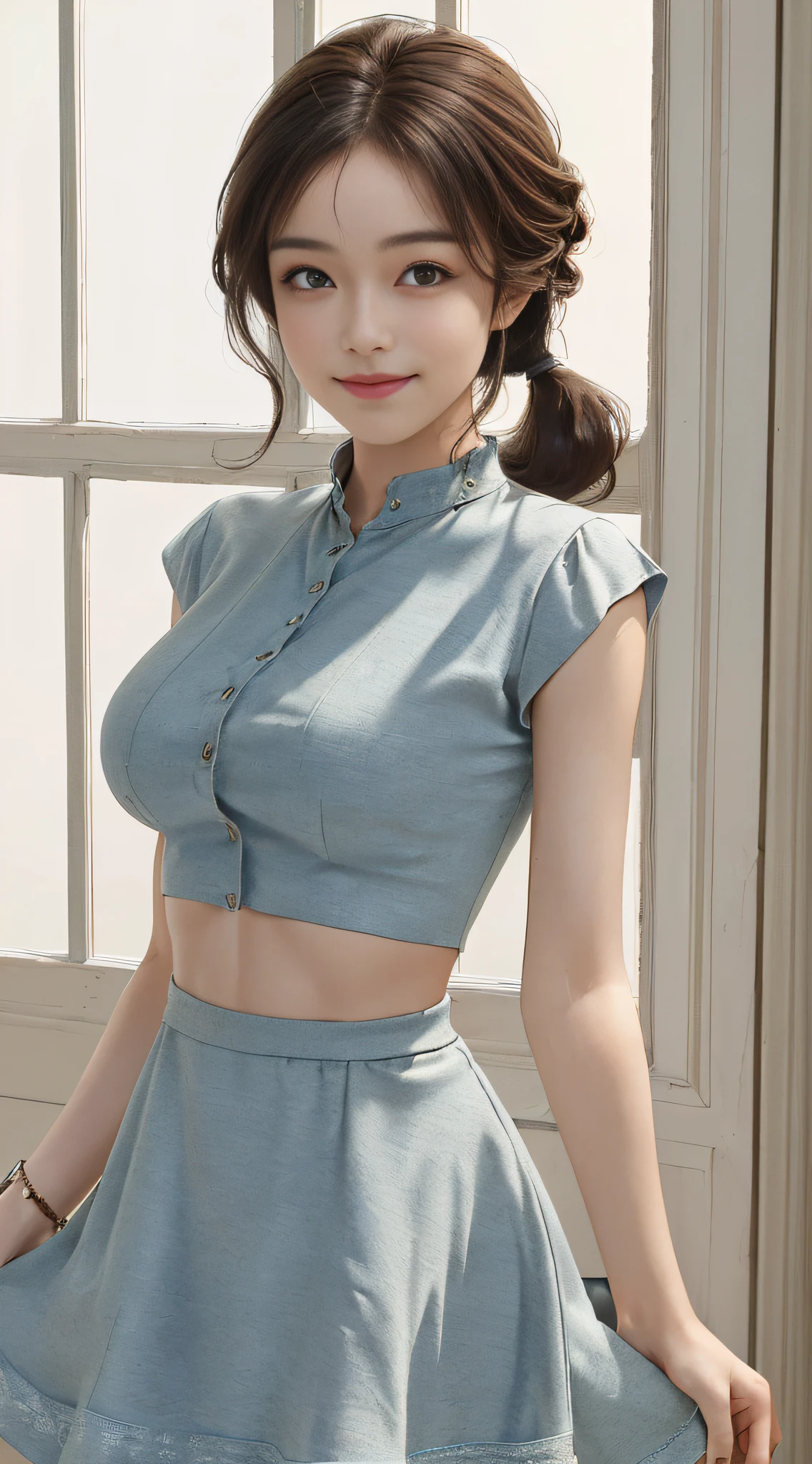 ((Best Quality, 8K, Masterpiece: 1.3)), 1girl, Slim Abs Beauty: 1.3, (Casual hairstyle, Big breasts: 1.2), Dress: 1.1, Super fine face, Delicate eyes, Double eyelids, home, sunny smile