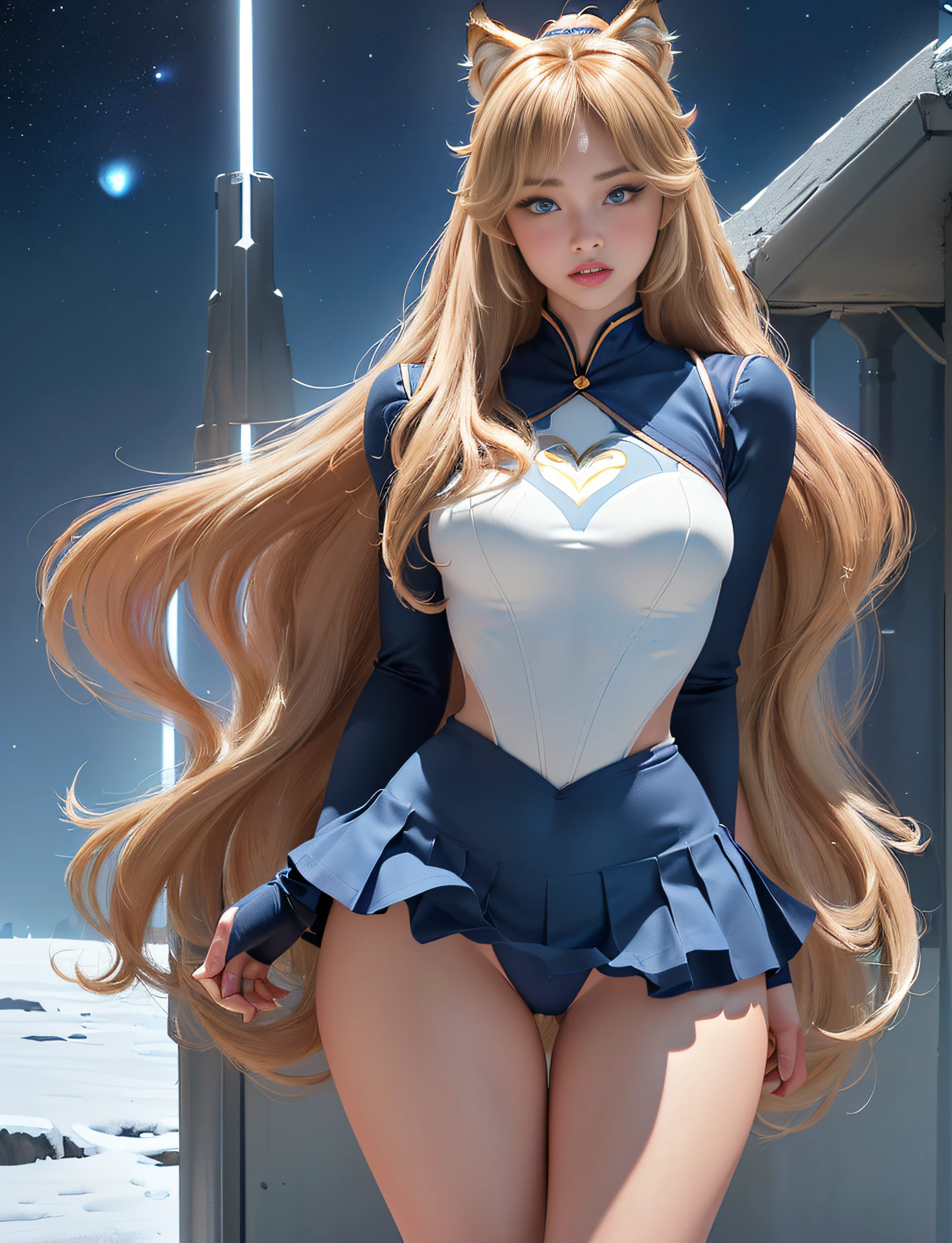 SeaArt Bot
Txt2Img
16:06:09
((very detailed RAW color photo)), ((realistic)), (((1 girl))), (((alone))), (((30 years))), ((athletic)), ((very defined toned physique)), ((very defined and beautiful muscular body)), (((very detailed perfect body))), (((small and defined breasts))), (((ultra defined curves))), (((superior quality, 8k, masterpiece: 1.3)), sharp focus: 1.2, (((extremely beautiful girl with perfect figure: 1.4))), ((very thin waist: 1.2)), ultra detailed skin texture, ((perfect and beautiful hands)), ((smooth and soft skin)), (ultra detailed fabric texture), extremely beautiful ultra detailed face, (((extremely beautiful))), ultra detailed, (((girl wearing Sailor Venus costume))), (((the suit wears miniskirt))), (((extremely long curly blonde hair))), extremely beautiful, (((extra long ponytail with bangs))), ((very detailed and beautiful wolf ears)), (hair on the face), ((hair ribbon)), dynamic pose, ((uniform leaves thighs exposed)), ((ultra detailed and toned legs)), (((ultra detailed waist))), (((very wide hips))), (((very thick and toned thighs))), (sexy), (((extreme hourglass figure))), (((very thick heart lips))), ((red lipstick)), ((ultra detailed lips)), ((ultra detailed blue eyes)), ((angry look)), (((staring at the viewer))), ultra detailed provocative mouth, extremely beautiful seductive lips, ((blushing)), (makeup), (((ultra defined waist))), eye shadow, (full body shot), starry night, night sky, stars, full moon, galaxies and nebulae, snow