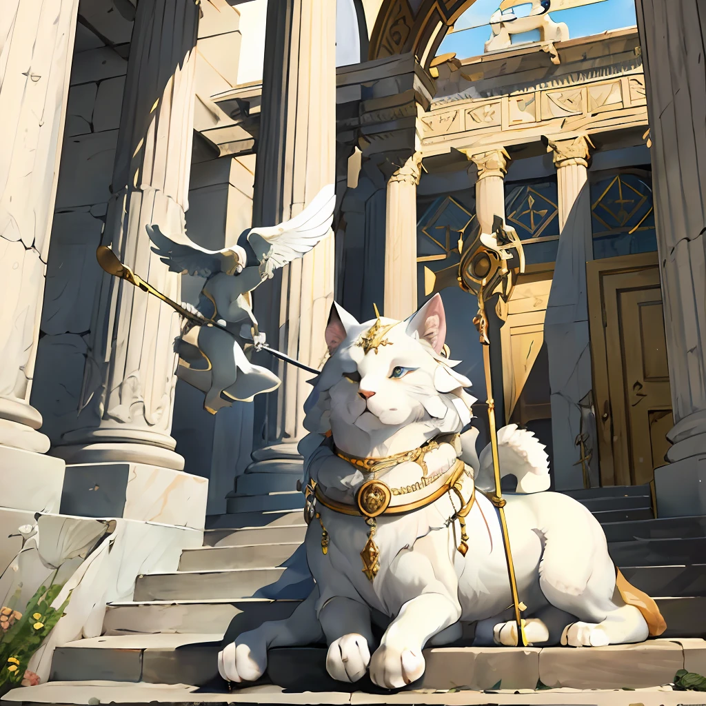 Mona Lisa, pale colors (Greek temple, stone staircase, animal sculpture) ultra-fine illustration, depth of field (very detailed beautiful face and eyes) perfect ??????? (angel-winged beastman, sage holding a staff in his hand) (furry anthro: 1.2) (fur covered body animal facial features animal body features)(animal muzzle highly detailed fur)(chibi:0.7)full body open mouth(dynamic pose),