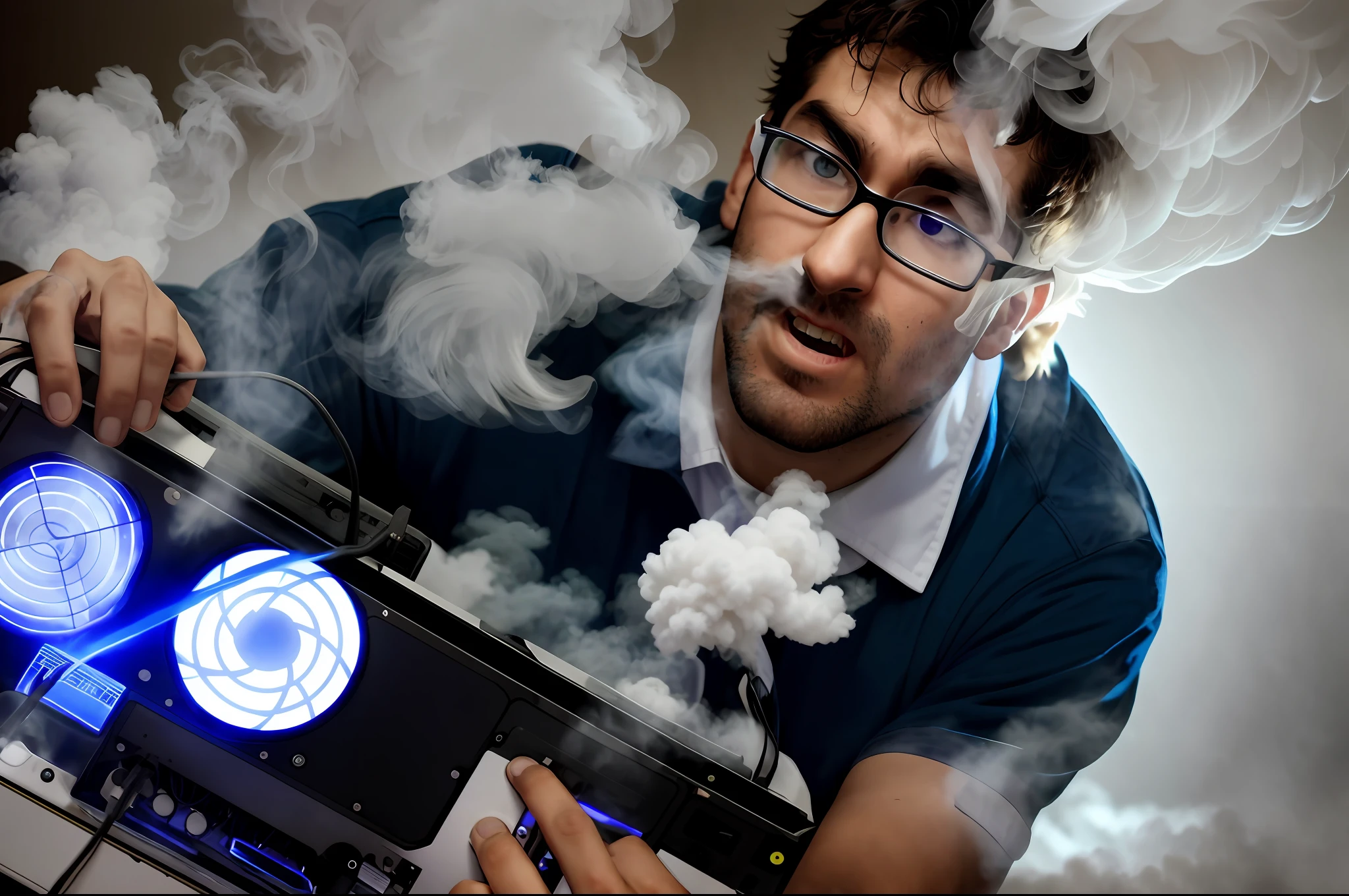arafed man in glasses holding a computer with smoke coming out of it, personal computer horror, chewing on a video card, overclocking, chewing on a graphic card, blowing out smoke, thick smoke around him, computer nerd, sweaty. steam in air, menacing!!!, smogpunk, menacing!, blowing smoke, intense smoke
