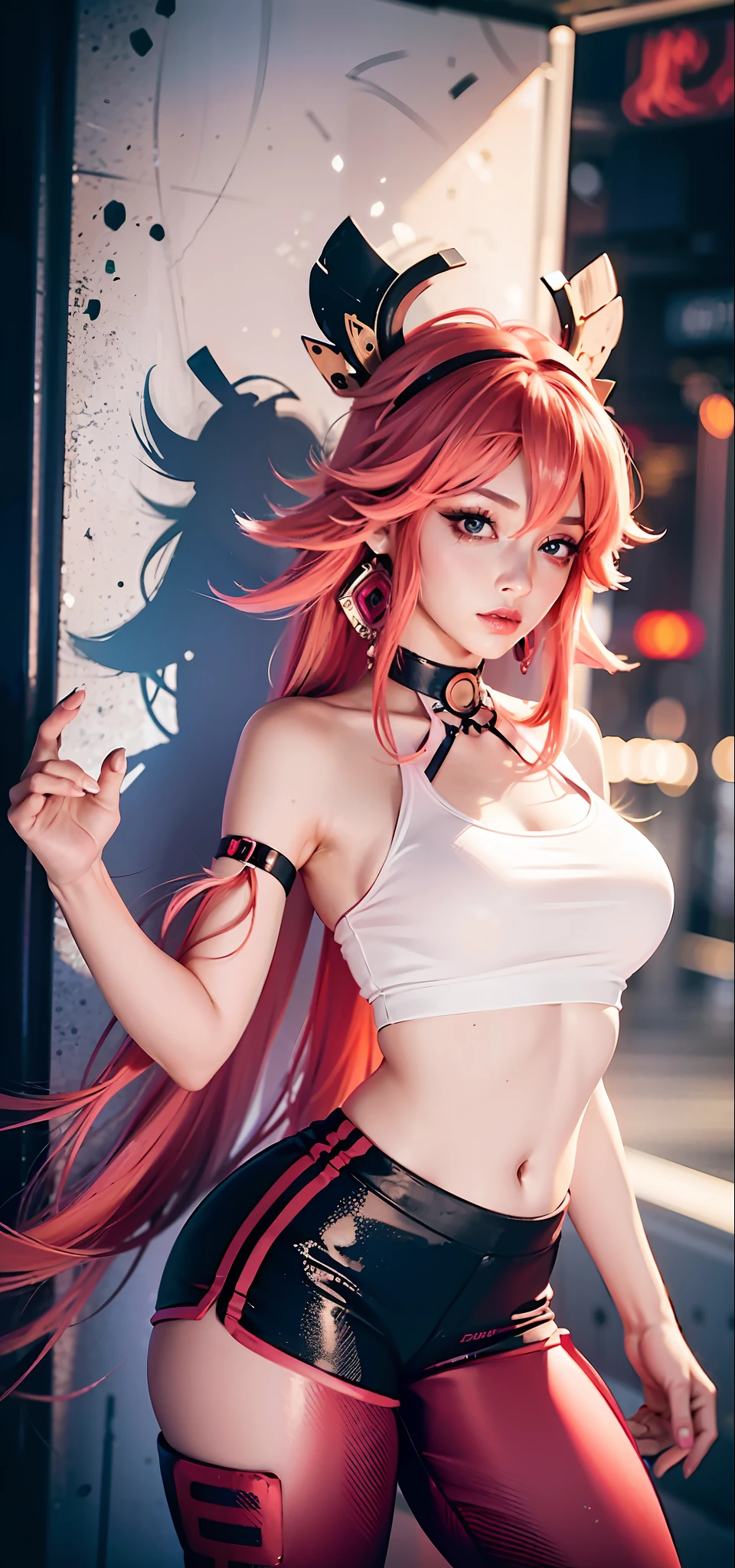 (Masterpiece, Superb Piece, 1Girl, Solo, Complex Detail, Color Aberration), Realism, ((Medium Breath)), Off-the-Shoulders, Yae Miko, Long Pink Hair, Red Headgear, Red Highlight, Hair Above One Eye, Green Eyes, Earrings, Sharp Eyes, Perfect Symmetrical Figure, Choker, Neon Shirt, Cyberpunk, Graffiti, Dim Lights, Alley, Looking at the Audience, ((Mean, Seductive, Glamorous)), Yoga Pants, Shorts, Hot Pants,