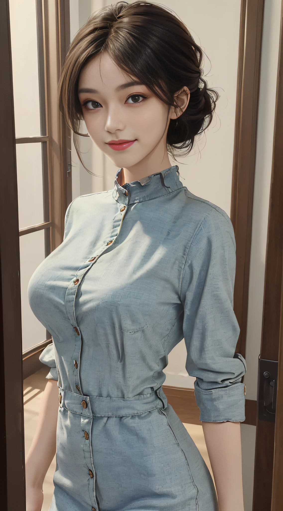 ((Best Quality, 8K, Masterpiece: 1.3)), 1girl, Slim Abs Beauty: 1.3, (Casual hairstyle, Big breasts: 1.2), Dress: 1.1, Super fine face, Delicate eyes, Double eyelids, home, sunny smile