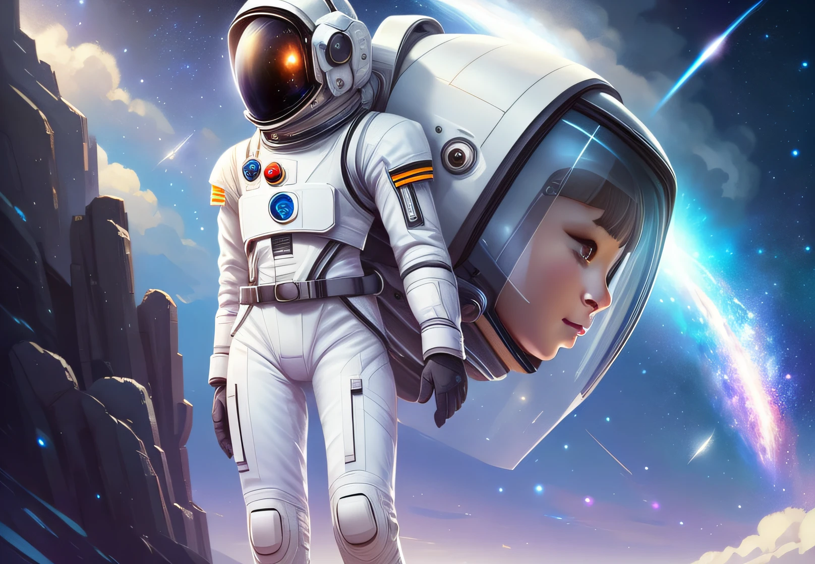Full body photo of a white-haired girl with walking astronaut helmet, visor, stars, planet, clouds, crop top, abs, wlop, rossdraws, artgerm, artstation
