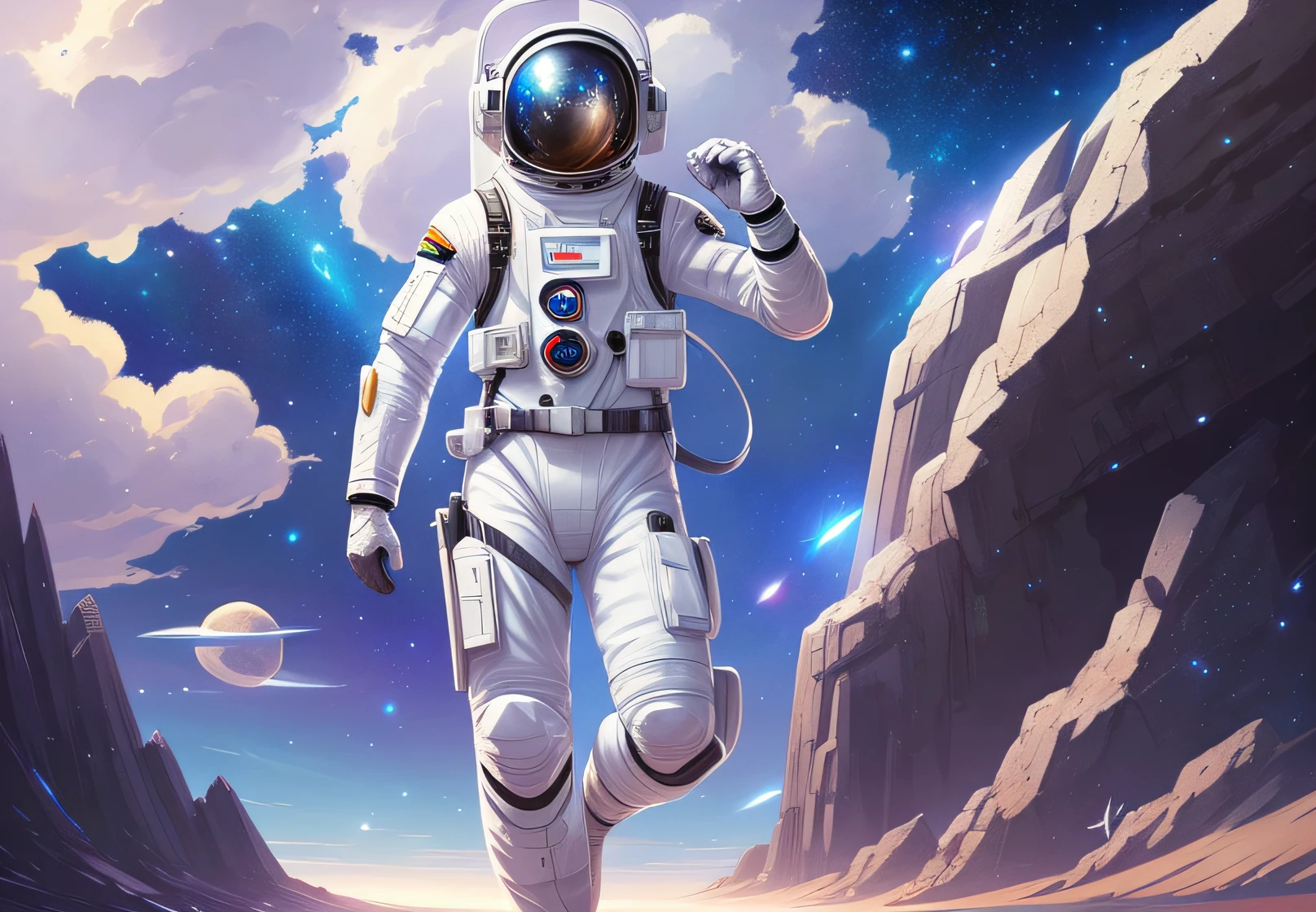 Full body photo of a white-haired girl with walking astronaut helmet, visor, stars, planet, clouds, crop top, abs, wlop, rossdraws, artgerm, artstation