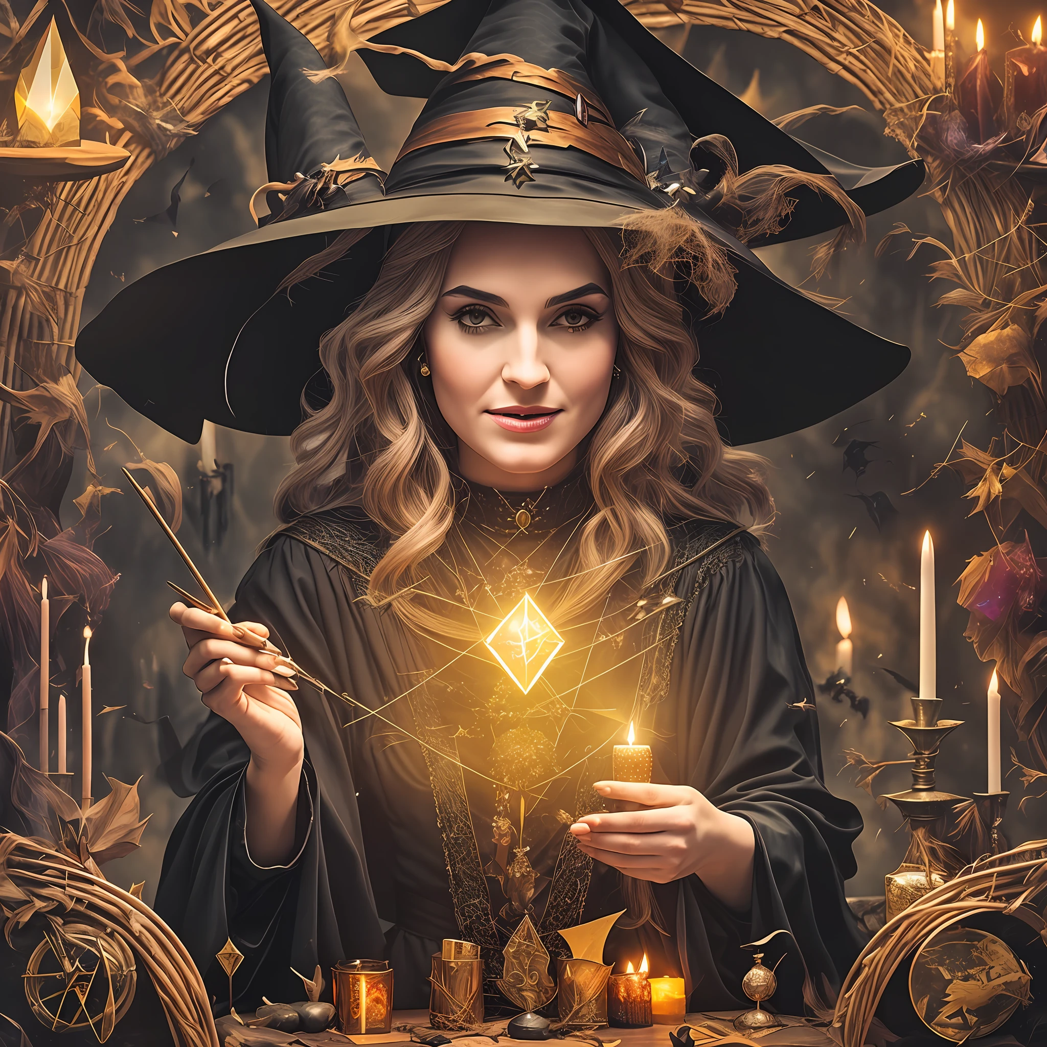 (witch:1.2) making (magic:1.1), (candles:0.9), (magical:0.8) (8k:1.1) wallpaper, (tarot cards:1.2), (crystals:1.2).