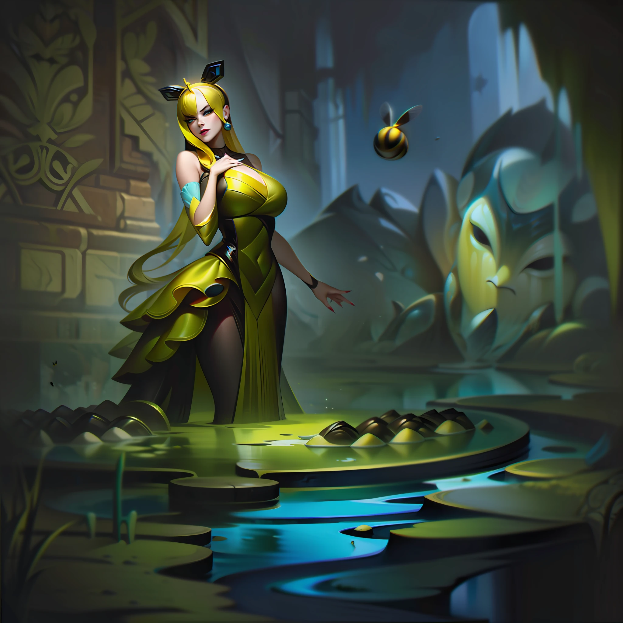 woman + dress + big nails + bee + swamp splashart, splashart, league of legends splashart, art, brushstroke, masterpiece, 8k, ultra detailed, HD