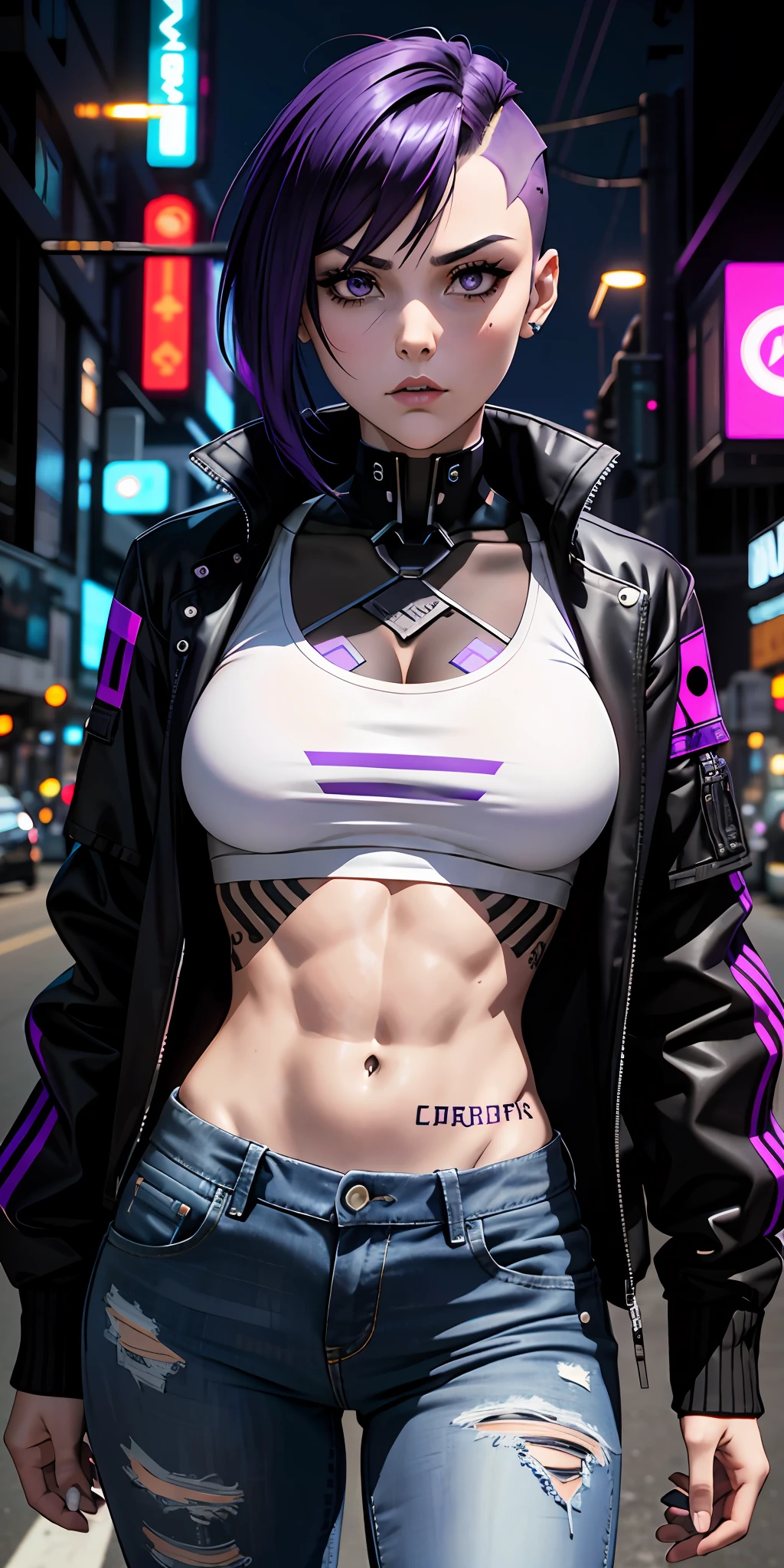 adult, gothic, girl face, serious face, provocative look, hair: undercut, cybernetic, cyberpunk, ciborger tattoo, blue and purple hair, perfect body, fit body, white shirt, jacket: black, jeans, muscular, background: street, night