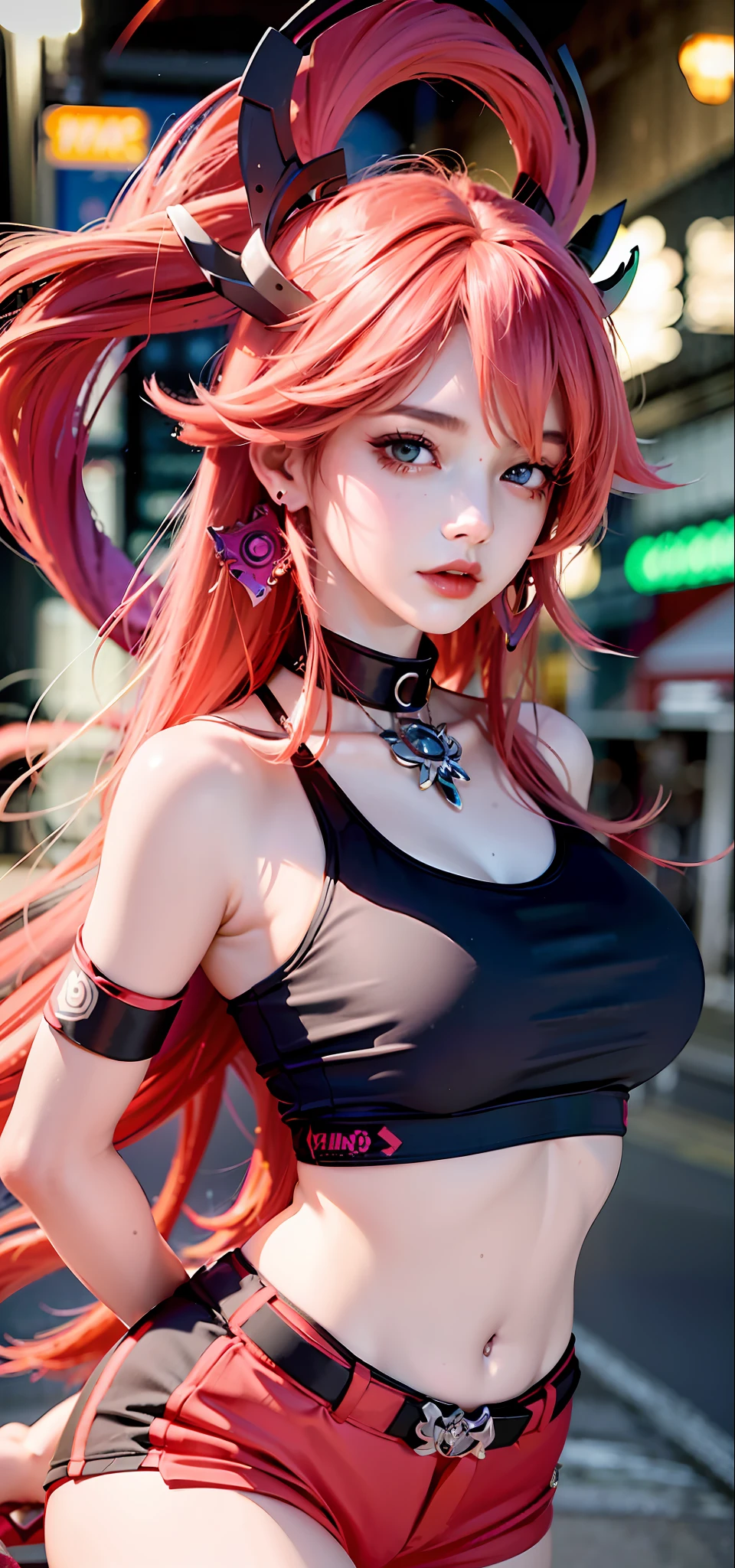 (Masterpiece, Superb Piece, 1Girl, Solo, Complex Detail, Color Aberration), Realism, ((Medium Breath)), Off-the-Shoulders, Yae Miko, Long Pink Hair, Red Headgear, Red Highlight, Hair Above One Eye, Green Eyes, Earrings, Sharp Eyes, Perfect Symmetrical Figure, Choker, Neon Shirt, Cyberpunk, Graffiti, Dim Lights, Alley, Looking at the Audience, ((Mean, Seductive, Glamorous)), Yoga Pants, Shorts, Hot Pants,