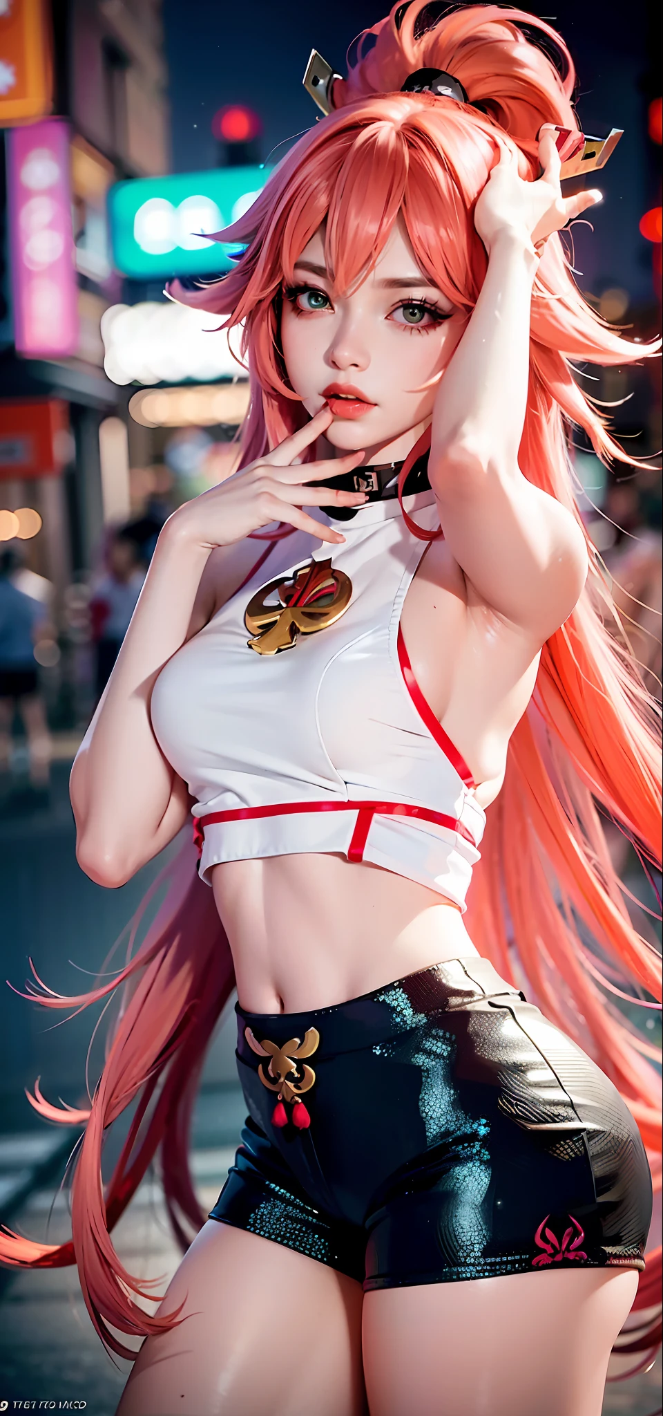 (Masterpiece, Superb Piece, 1Girl, Solo, Complex Detail, Color Aberration), Realism, ((Medium Breath)), Off-the-Shoulders, Yae Miko, Long Pink Hair, Red Headgear, Red Highlight, Hair Above One Eye, Green Eyes, Earrings, Sharp Eyes, Perfect Symmetrical Figure, Choker, Neon Shirt, Cyberpunk, Graffiti, Dim Lights, Alley, Looking at the Audience, ((Mean, Seductive, Glamorous)), Yoga Pants, Shorts, Hot Pants,