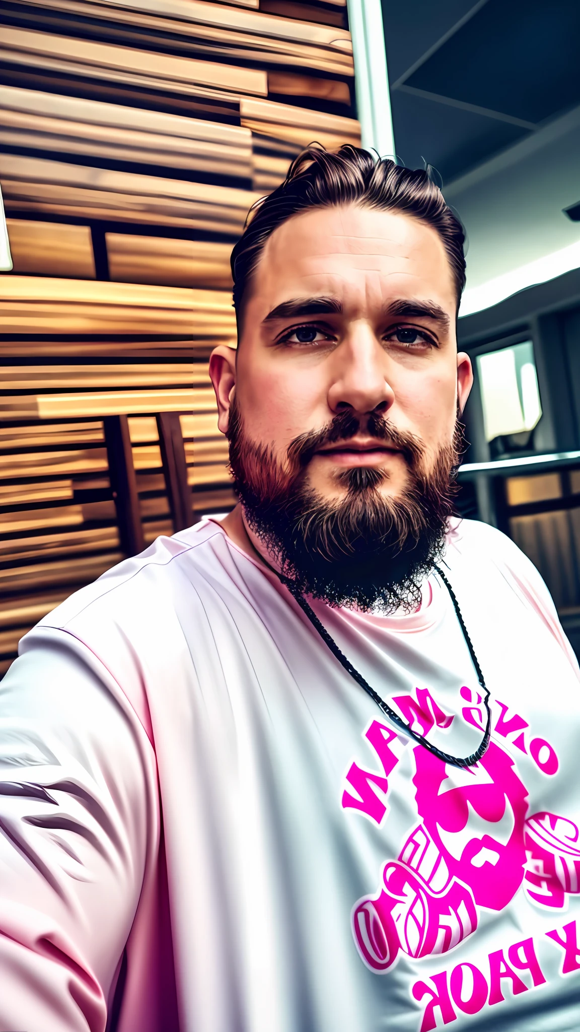 There's a man with a beard and pink shirt, fat, high quality photo, about 30 years old, taken in early 2020, profile picture, 8K, high definition, ultra detailed