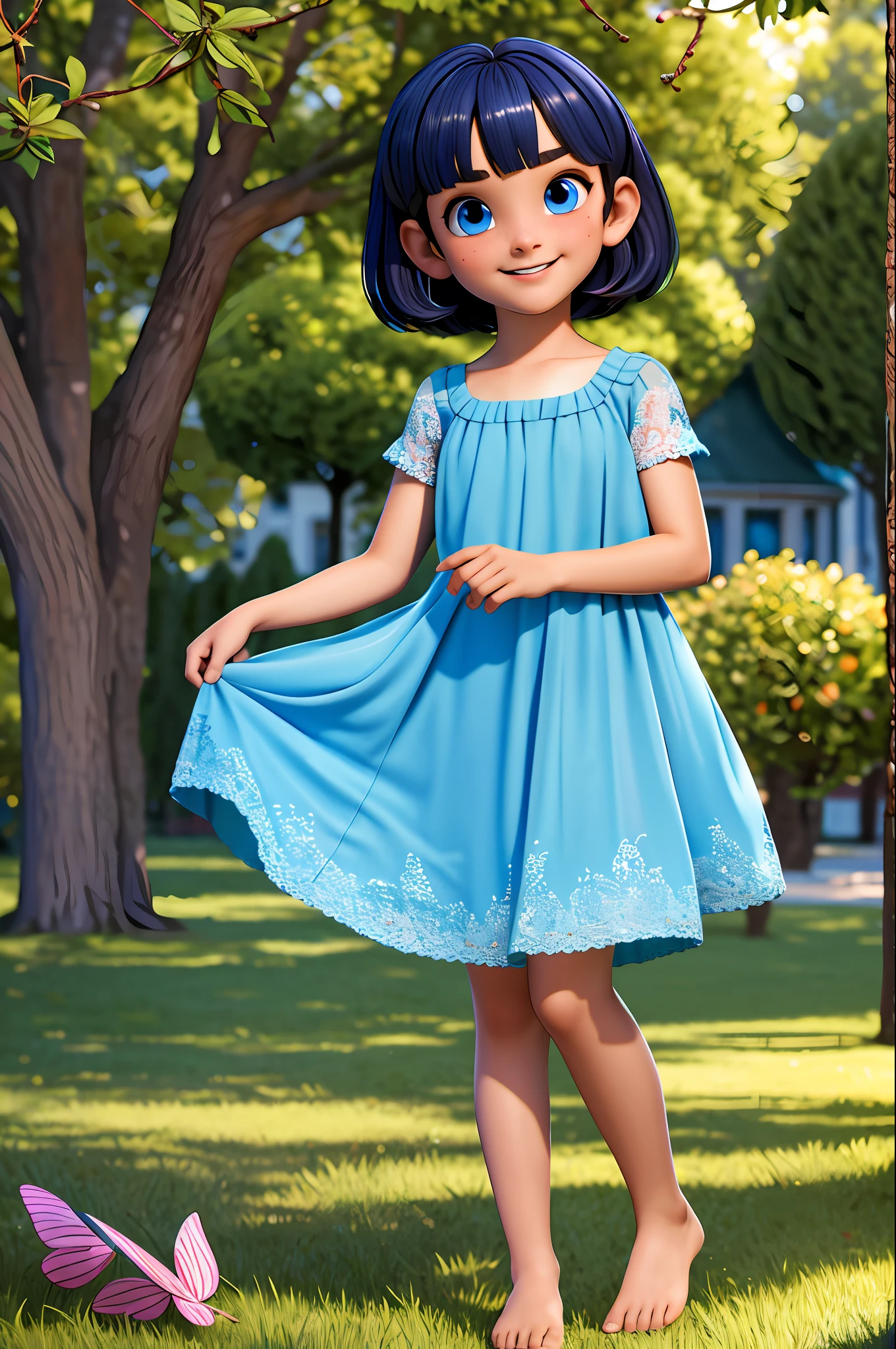 3dmm, 3d, masterpiece, best quality, ultra hi res, 8k, ultra realistic, extremely detailed CG unity 8k wallpaper, beautiful 8 years old european girl, child, ???, cute, detailed face, beautiful eyes, bob cut, sexy dress, bare foot, outdoors, beautiful park in background, butterfly, good lighting, happy, seductive body, flawless