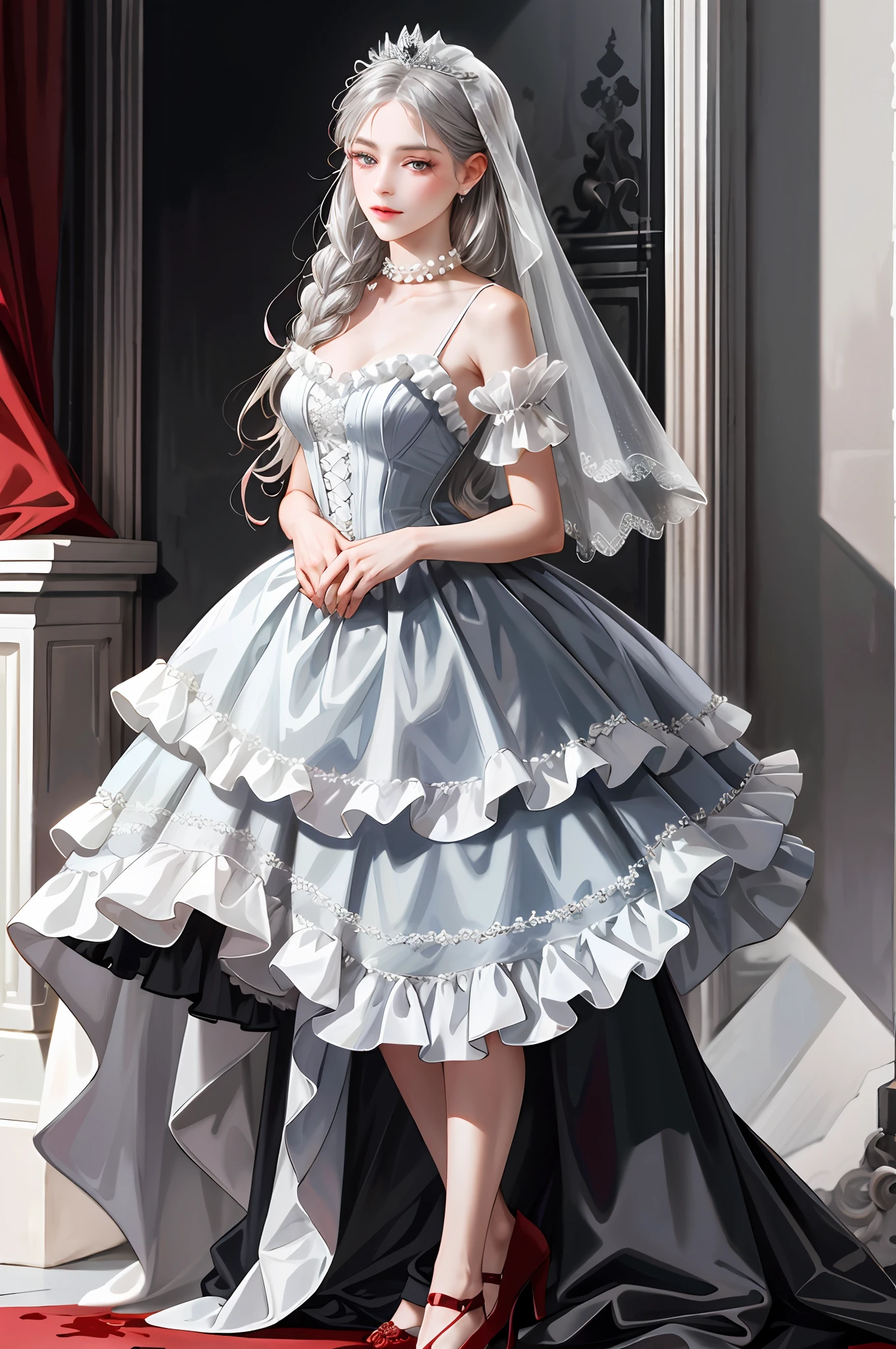 realistic, realistic, blood, dark red love heart decoration, love heart-shaped gemstones, skirt edge set with pearls, white collarless dress skirt, collar with unique design, layered skirt, burnt at the end of skirt, cutout at the end of skirt, red Mary Jane shoes, frills, ruffles, maximalism, delicate and complex design, white gloves, gothic, wedding dress, blood, bandages, long gray hair, sideburns are two fine braids, princess cut, extreme details, delicate depiction, delicate depiction, delicate hands, cold colors of eyes