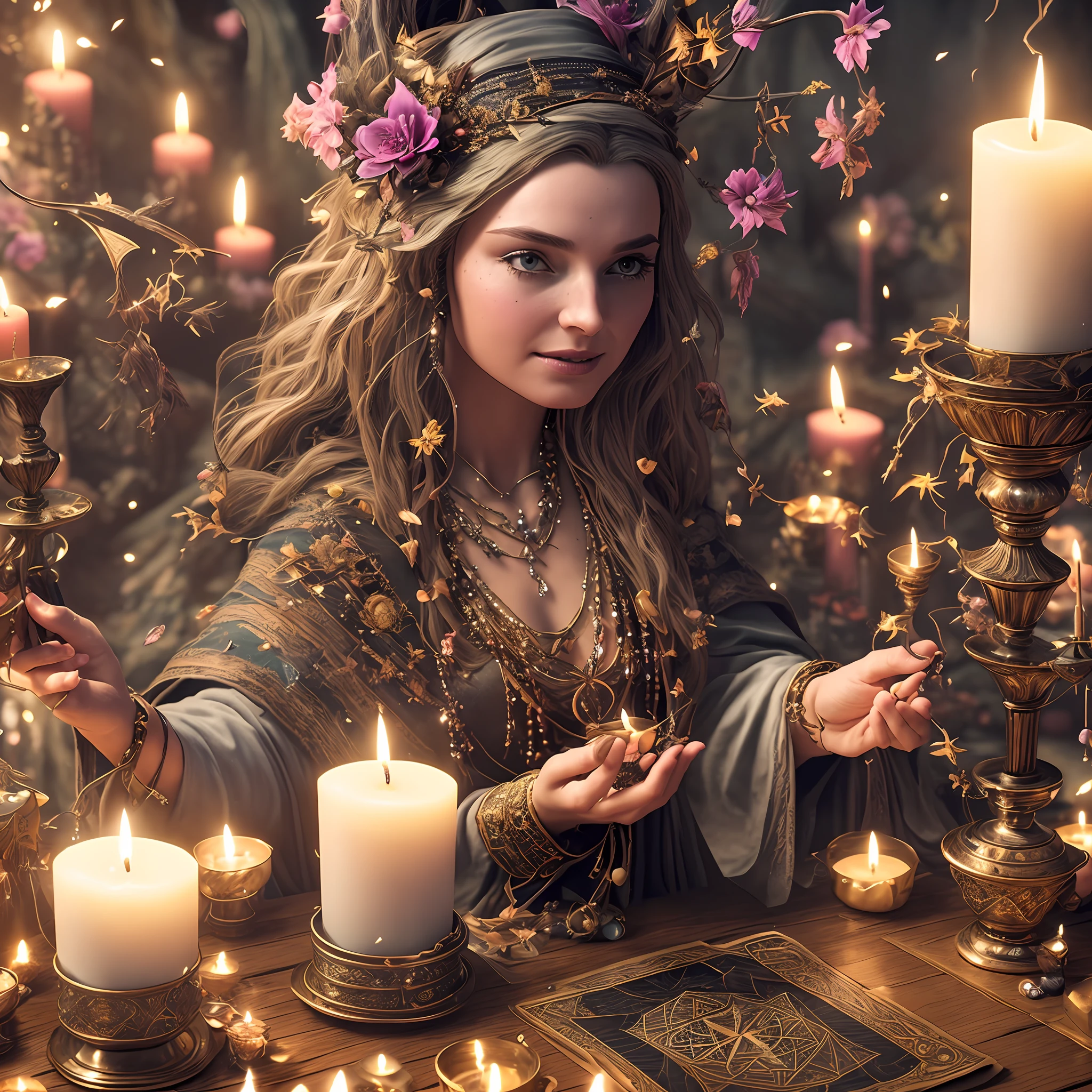 (extremely detailed CG unity 8k wallpaper,masterpiece),best quality, ultra-detailed,(a witch conjuring magic),floating,(candles:1.2),(magical:1.3),tarot cards, (crystals:1.1), (flowers:1.1)