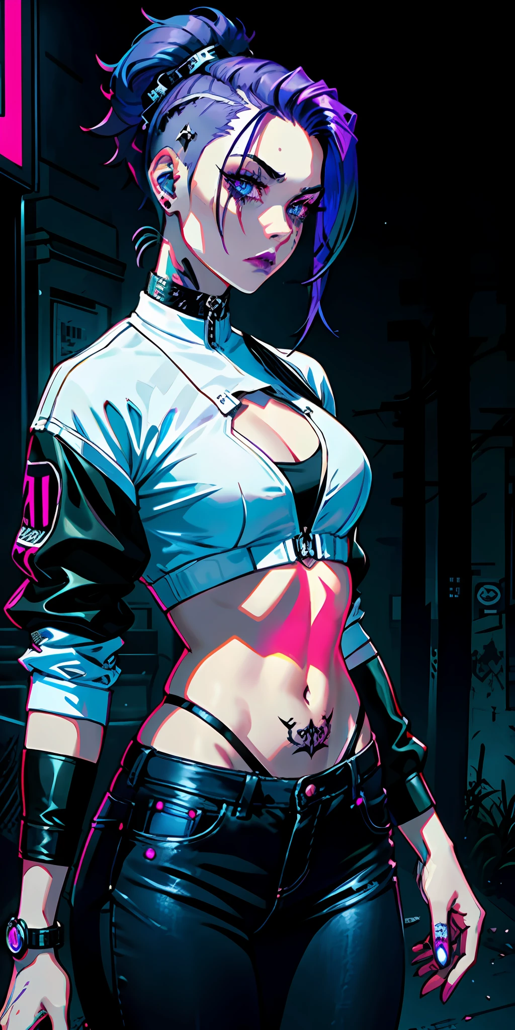 adult, gothic, girl face, serious face, provocative look, hair: undercut, cybernetic, cyberpunk, ciborger tattoo, blue and purple hair, perfect body, fit body, white shirt, jacket: black, jeans, muscular, background: street, night