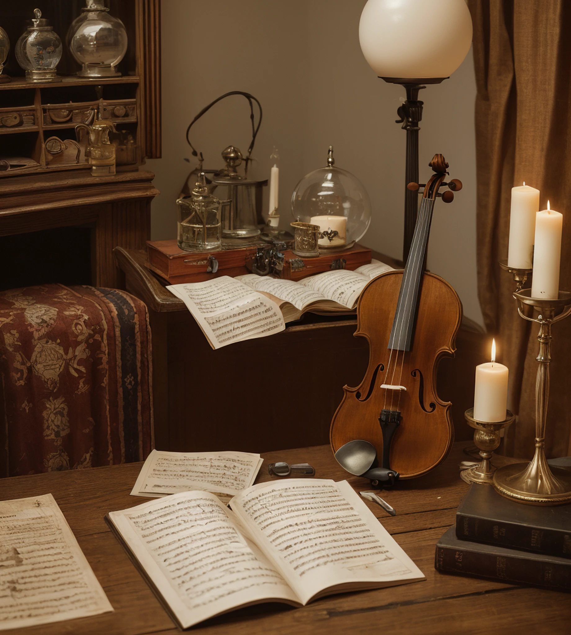 RAW, analog style, close up photo, there is a group of (11 objects on a wooden table: Stradivari violin, sheet music, map, globe, book, globe, hourglass, candle, sword, flowers and fruits, candlestick), in the background 18th century Baroque castle room environment, antique furnitures, draperies, darkened room, soft candle light, cinematic lighting, contrast lighting, dslr, photorealistic, hyperrealistic, neutral colors, lifelike texture, insanely intricate details, amazing fine detail, hyper detailed, film grain, sharp focus, volumetric fog 8k, ultra high res, photographed with Nikon d5600 f5.6 lens 500mm, Kodak portra 400