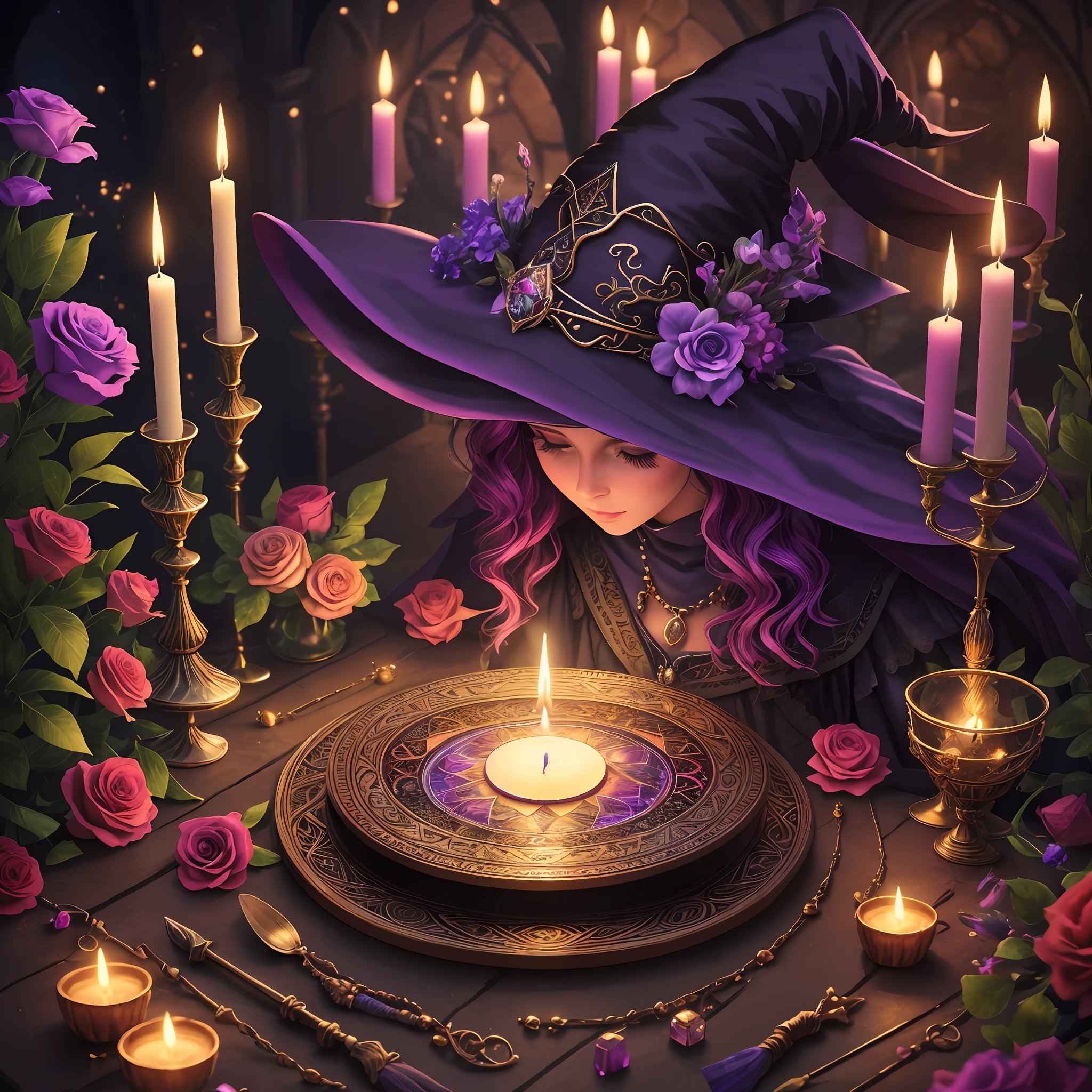 extremely detailed, vibrant colors, magical, 8k, Witch making Magic, candles, mystical, tarot cards, crystals, flowers)
