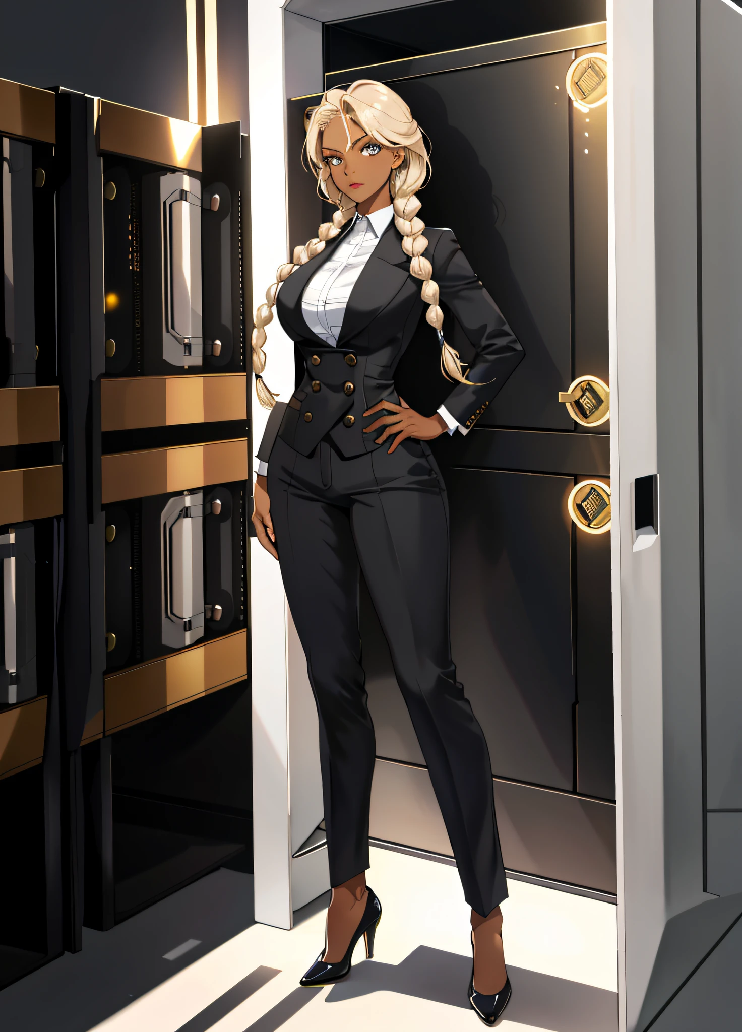 1 Character woman, expert relojuero, light hair braids, black skin tone, thin waist, wide hips, light eyes, large breasts, suit and pants, full body, high heeled shoes, ((bank vault scenario)), hi-res,
