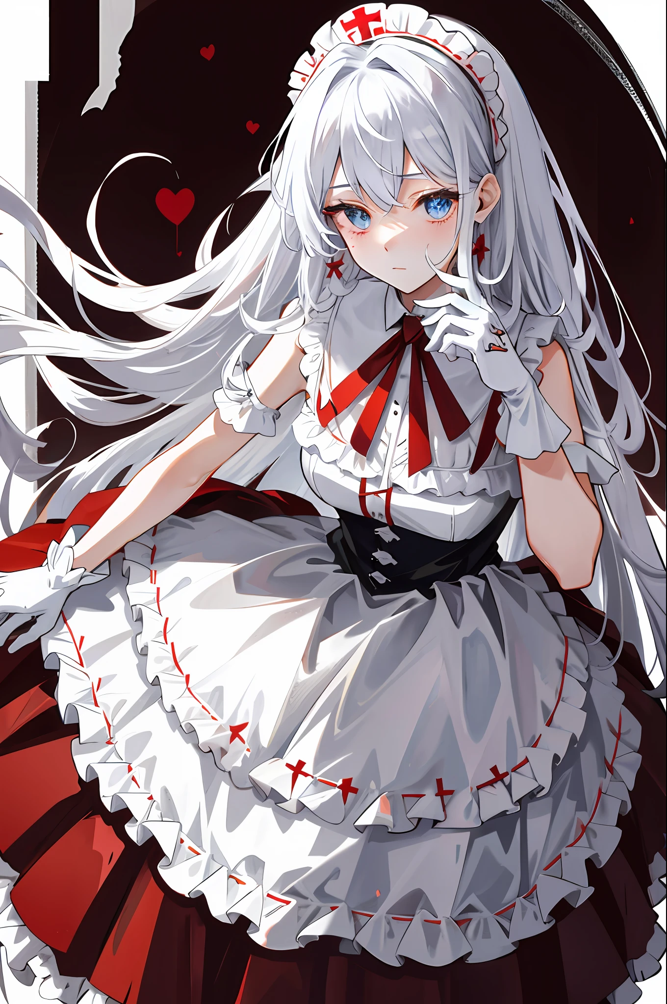 Blood, dark red love heart decoration, love heart-shaped gemstones, pearls, white dress dress, collar, layered skirt, burnt rags at the end of skirt, cutout at the end of skirt, red Mary Jane shoes, nurse's dress style headdress, frills, ruffles, extreme multiplication, delicate and intricate design, white gloves, wedding dress, blood, bandages, long gray hair, sideburns are two thin braids, princess cut, extreme details, delicate depiction, cold colors of the eyes