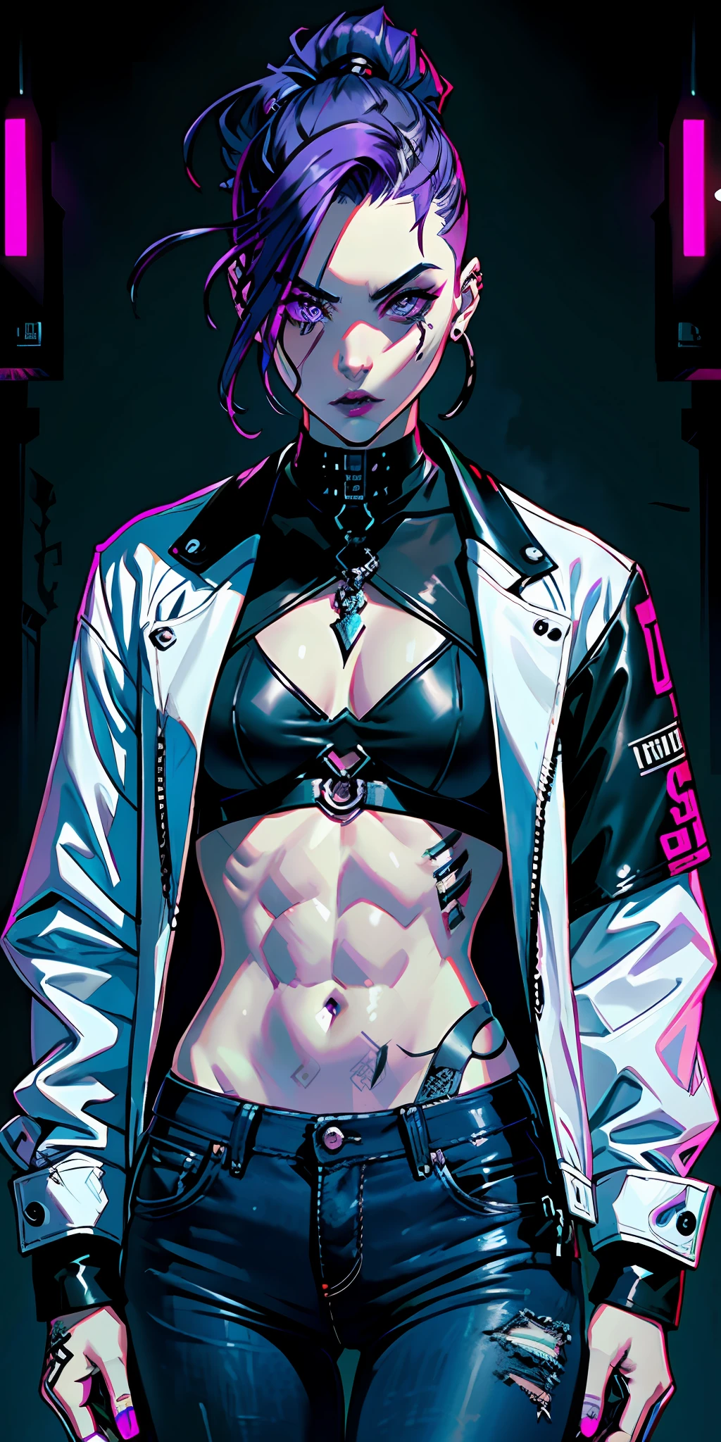 adult, gothic, girl face, serious face, provocative look, hair: undercut, cybernetic, cyberpunk, ciborger tattoo, blue and purple hair, perfect body, fit body, white shirt, jacket: black, jeans, muscular, background: street, night