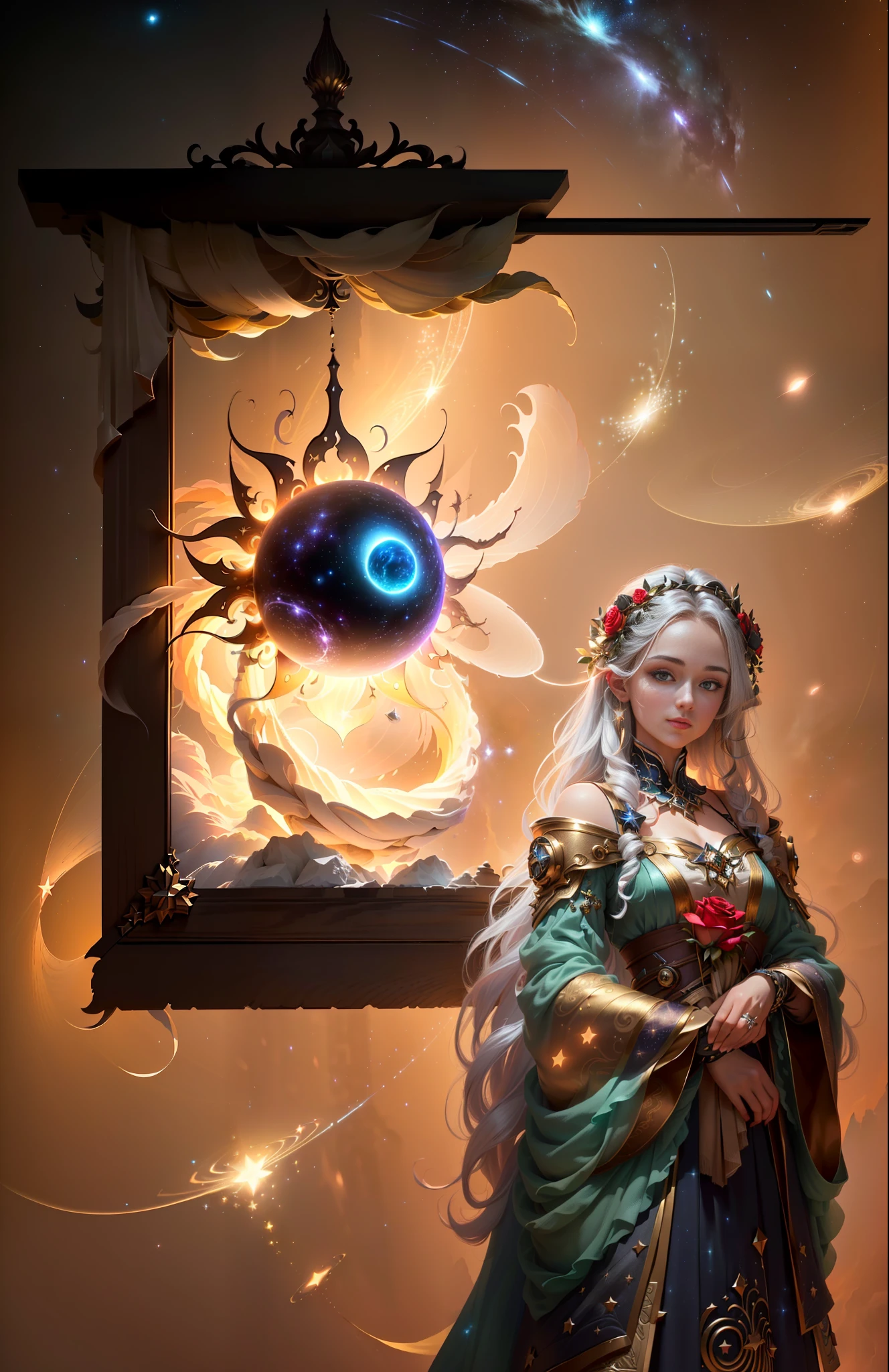 Masterpiece, best quality, (very detailed CG unity 8k wallpaper), (best quality), (best illustration), (best shadows), cosmic theme with natural elements. Circle, surrounded by planetary orbits and turbulence, with fireflies and glowing particle effects, (natural elements), (cosmic theme), (stars), (milky way), (stars), void, (delicate celestial bodies), (luminous), (particle effects). , isometric 3D, Octane rendering, ray tracing, super detailed (extremely detailed CG Unity 8k wallpaper, masterpiece, high quality, super detailed), 1girl (charming girl, lavish decoration, gorgeous, and charming red rose), (dynamic view, dazzling eyes, long silver hair: 1.3, fine collection,) surrounded by arcane runes, (magic and mysterious background, firefly lights, glowing particles, ethereal fog and darkness), high saturation