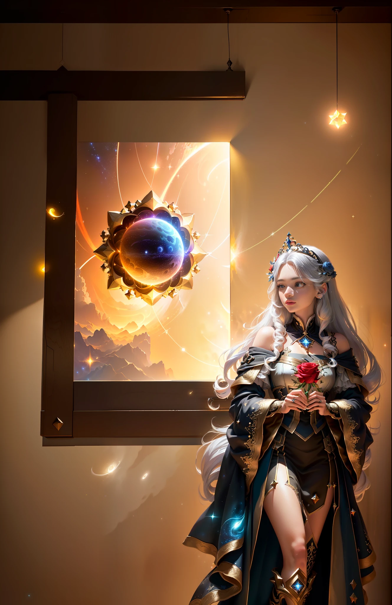 Masterpiece, best quality, (very detailed CG unity 8k wallpaper), (best quality), (best illustration), (best shadows), cosmic theme with natural elements. Circle, surrounded by planetary orbits and turbulence, with fireflies and glowing particle effects, (natural elements), (cosmic theme), (stars), (milky way), (stars), void, (delicate celestial bodies), (luminous), (particle effects). , isometric 3D, Octane rendering, ray tracing, super detailed (extremely detailed CG Unity 8k wallpaper, masterpiece, high quality, super detailed), 1girl (charming girl, lavish decoration, gorgeous, and charming red rose), (dynamic view, dazzling eyes, long silver hair: 1.3, fine collection,) surrounded by arcane runes, (magic and mysterious background, firefly lights, glowing particles, ethereal fog and darkness), high saturation