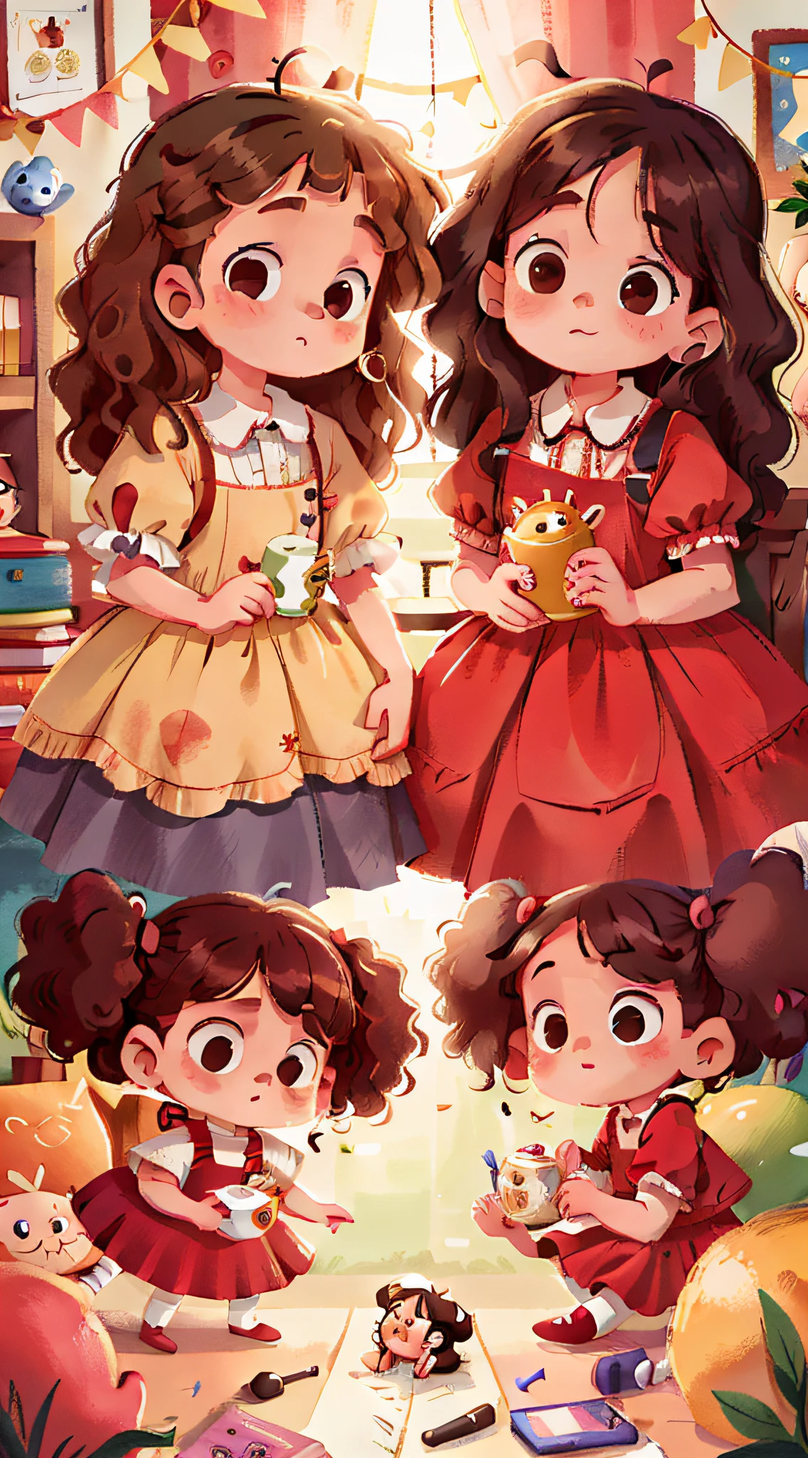 Two girls, twins, curly brown hair, playing doll
