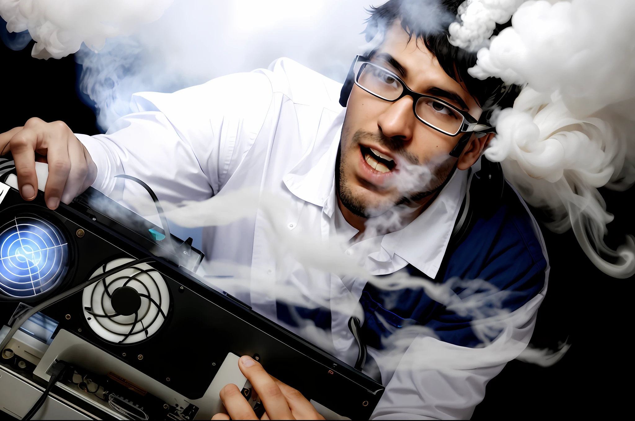 arafed man in glasses holding a computer with smoke coming out of it, personal computer horror, chewing on a video card, overclocking, chewing on a graphic card, blowing out smoke, thick smoke around him, computer nerd, sweaty. steam in air, menacing!!!, smogpunk, menacing!, blowing smoke, intense smoke