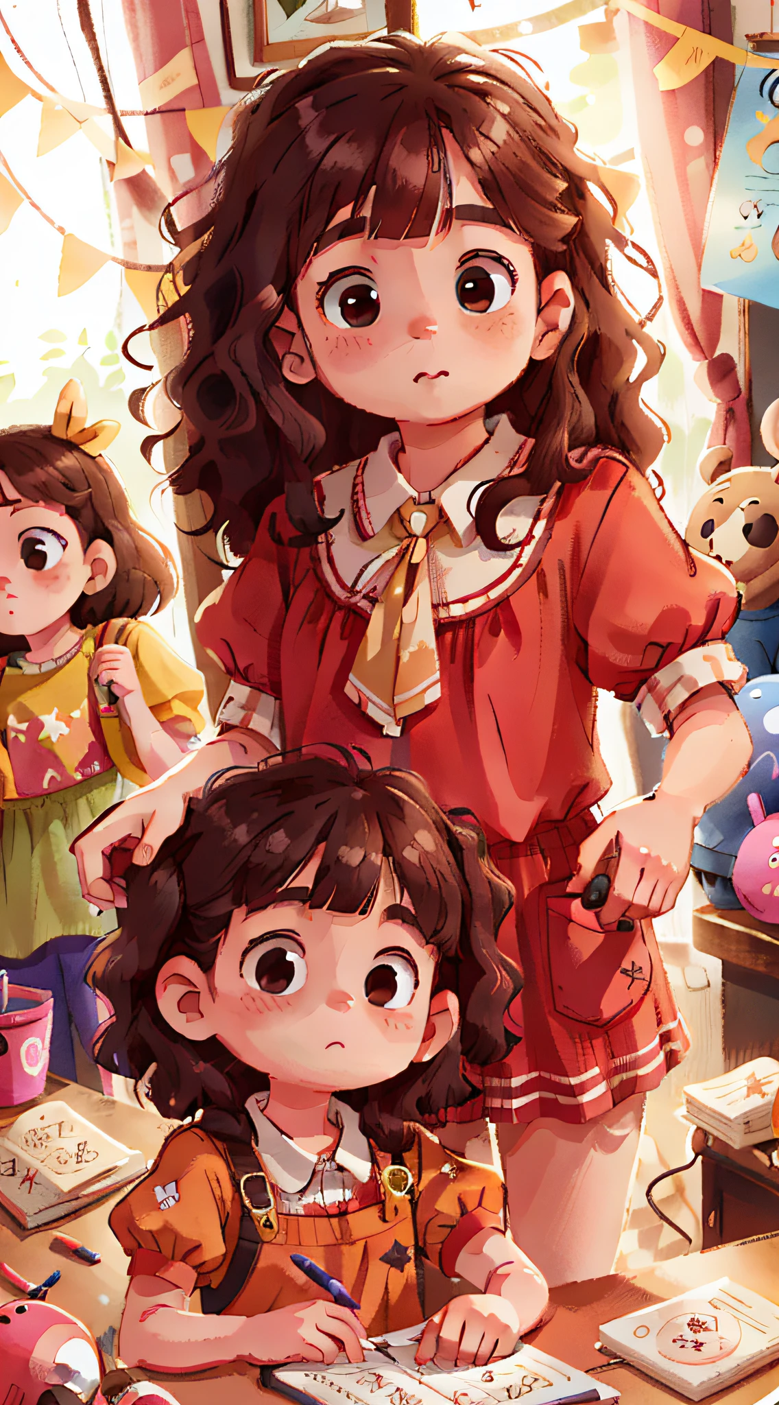 Two girls, twins, curly brown hair, playing doll