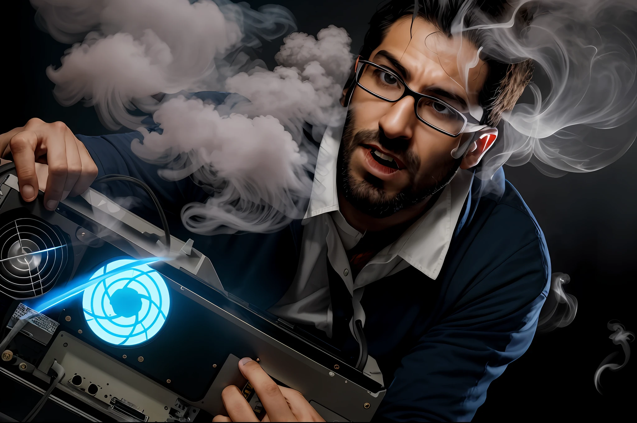 arafed man in glasses holding a computer with smoke coming out of it, personal computer horror, chewing on a video card, overclocking, chewing on a graphic card, blowing out smoke, thick smoke around him, computer nerd, sweaty. steam in air, menacing!!!, smogpunk, menacing!, blowing smoke, intense smoke