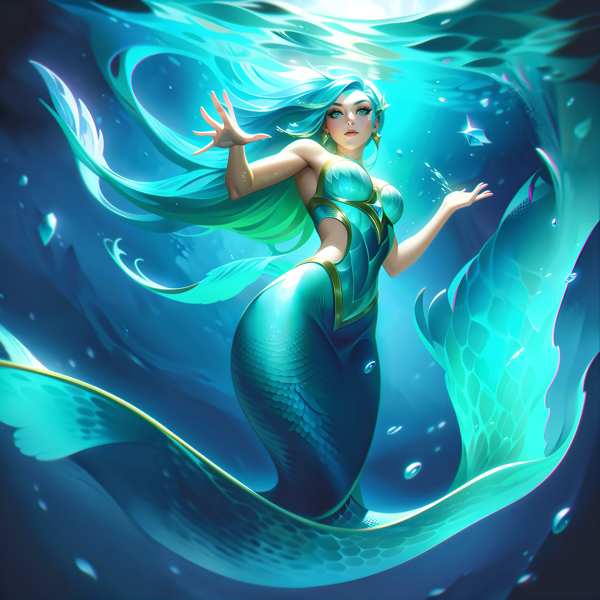 woman + crystal clear water + mermaid + scales + aquamarine splashart, splashart, league of legends splashart, art, brushstroke, masterpiece, 8k, ultra detailed, HD