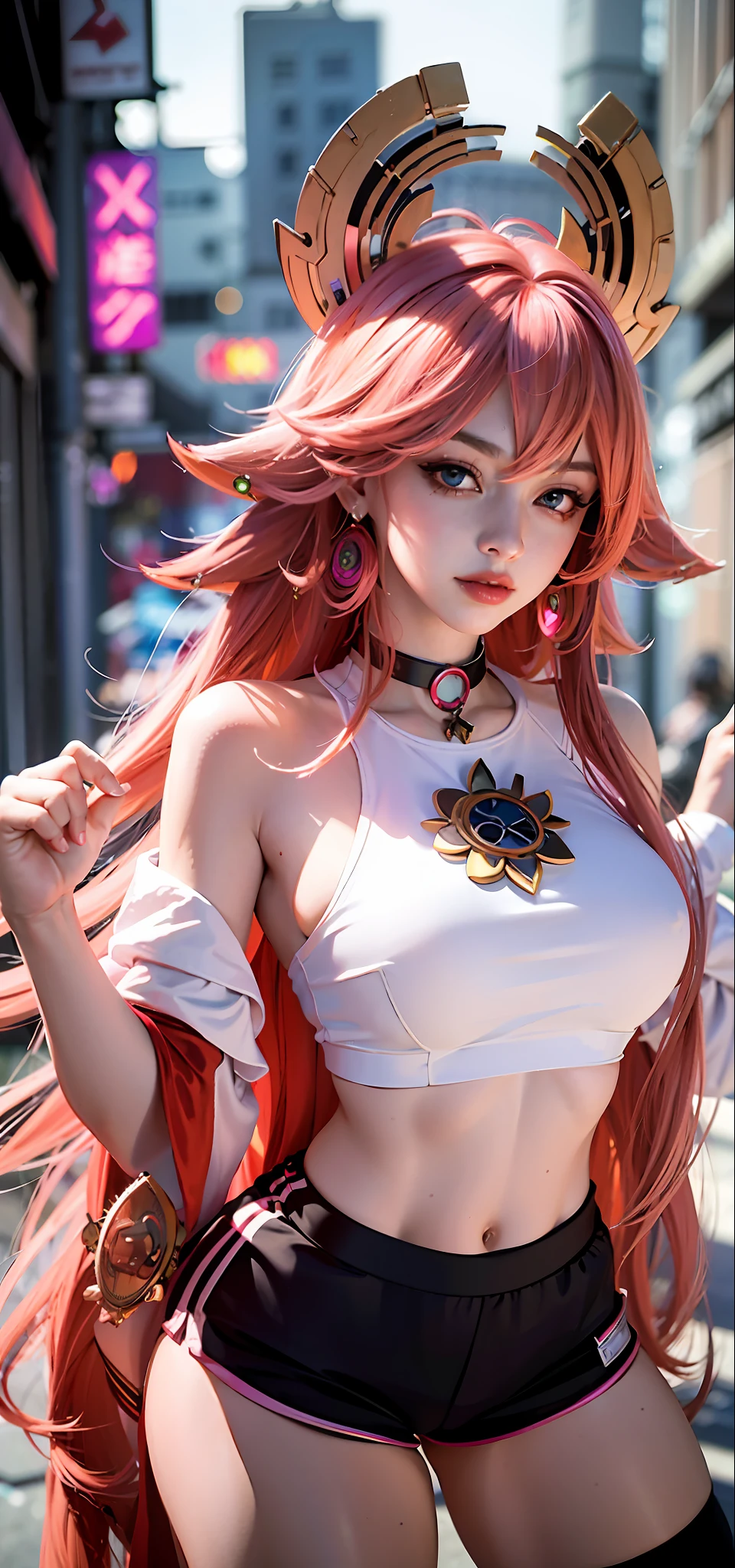 (Masterpiece, Superb Piece, 1Girl, Solo, Complex Detail, Color Aberration), Realism, ((Medium Breath)), Off-the-Shoulders, Yae Miko, Long Pink Hair, Red Headgear, Red Highlight, Hair Above One Eye, Green Eyes, Earrings, Sharp Eyes, Perfect Symmetrical Figure, Choker, Neon Shirt, Cyberpunk, Graffiti, Dim Lights, Alley, Looking at the Audience, ((Mean, Seductive, Glamorous)), Yoga Pants, Shorts, Hot Pants,