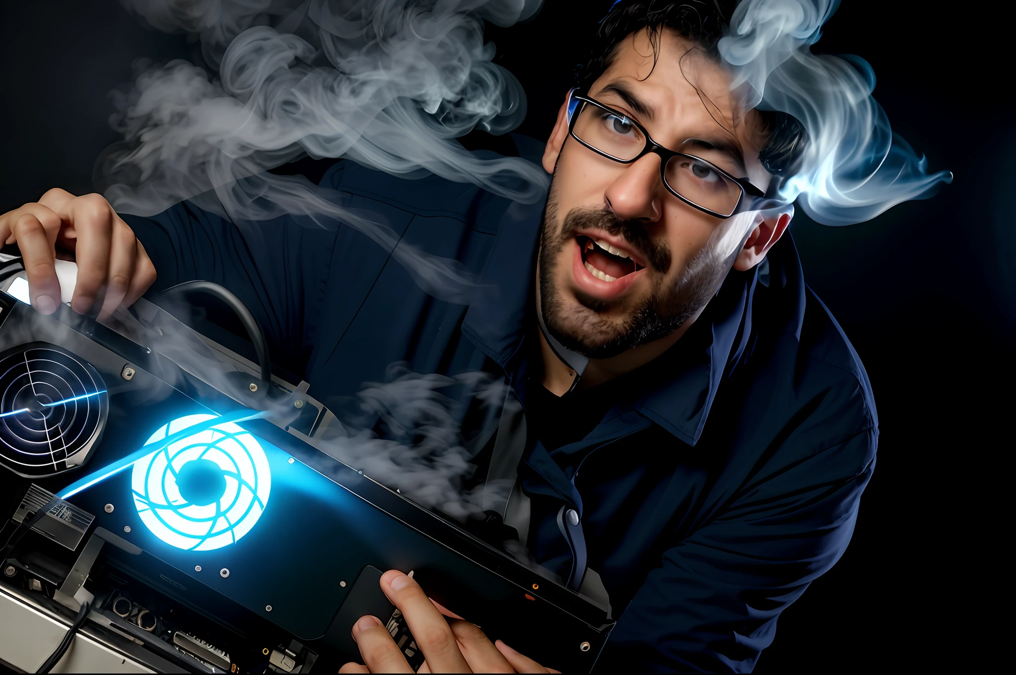 arafed man in glasses holding a computer with smoke coming out of it, personal computer horror, chewing on a video card, overclocking, chewing on a graphic card, blowing out smoke, thick smoke around him, computer nerd, sweaty. steam in air, menacing!!!, smogpunk, menacing!, blowing smoke, intense smoke