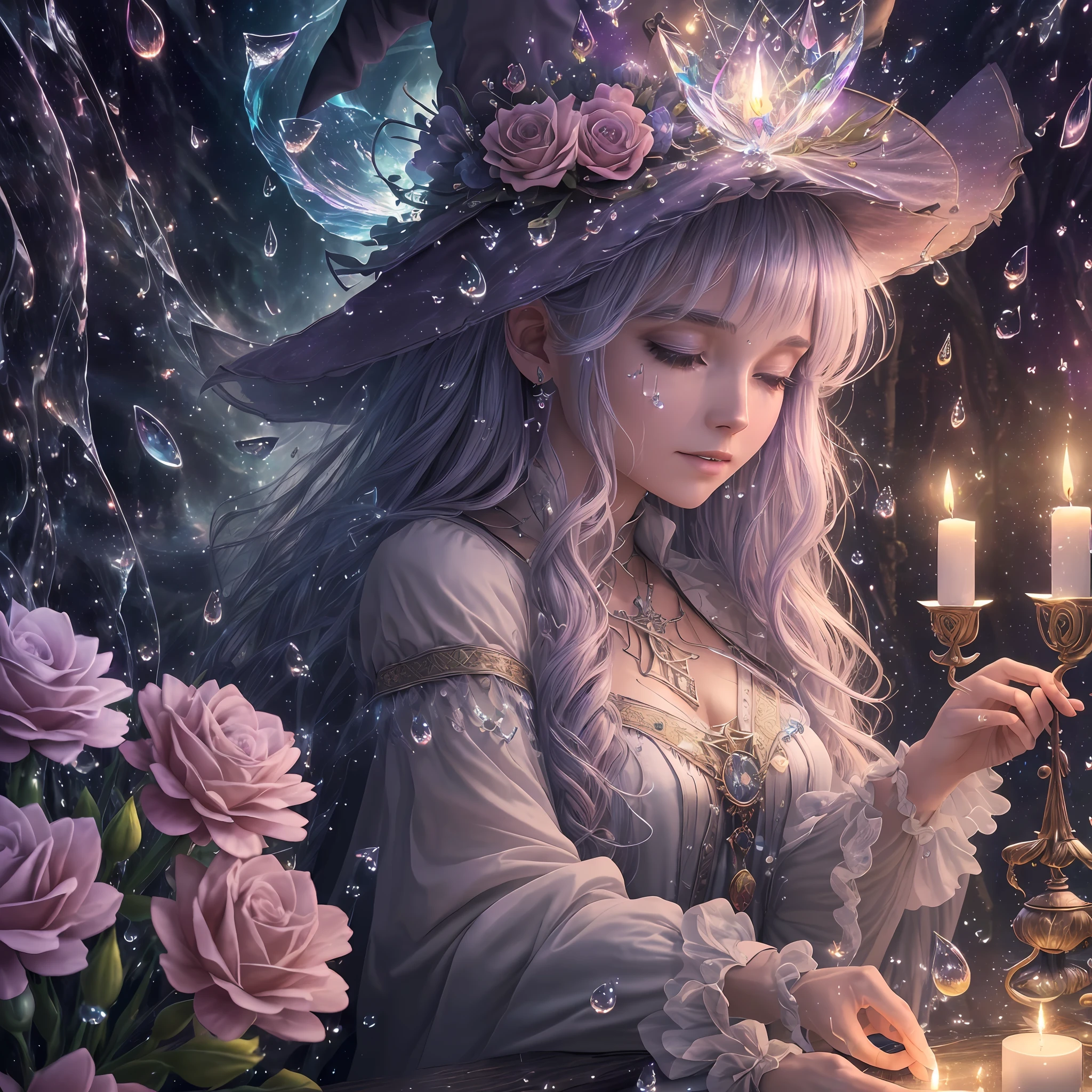 extremely detailed CG unity 8k wallpaper,masterpiece, best quality, ultra-detailed),(Prompt B: beautiful witch casting spell, magical, candles, tarot cards,crystals, flowers, mystical),(Prompt C: Volumetric light, mystical atmosphere),(Prompt D: high saturation, (many flying drops of water:1.2))