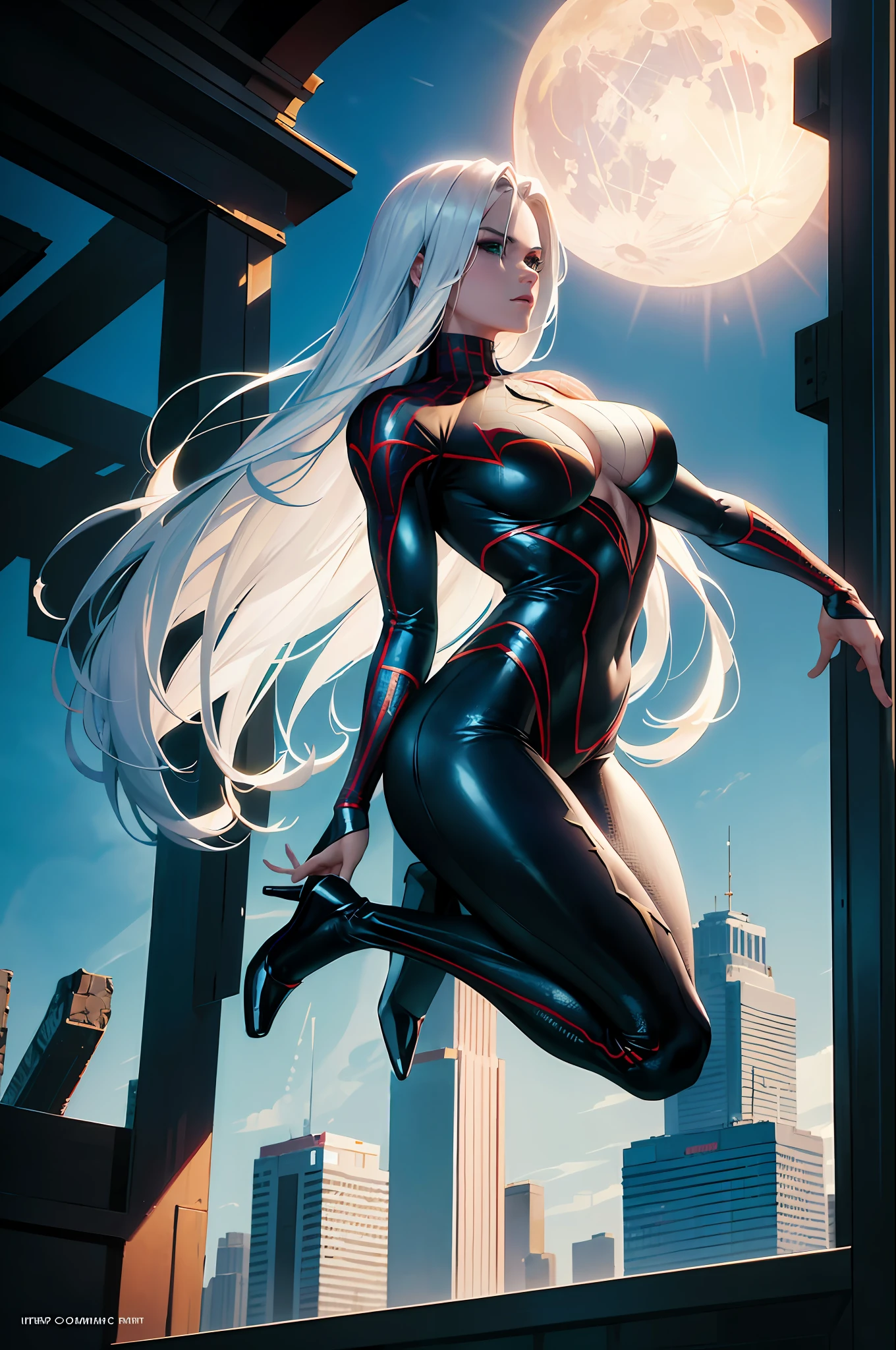 (Masterpiece, 4k resolution, ultra-realistic, very detailed), (Black superhero theme, charismatic, there's a girl on top of town, wearing Venom costume, she's a superhero), [ ((25 years), (long white hair:1.2), full body, (green eyes:1.2), ((Spider-Man pose), show of strength, jumping from one building to another), ((sandy urban environment):0.8)| (cityscape, at night, dynamic lights), (full moon))] # Explanation: The Prompt mainly describes a 4K painting of ultra-high definition, very realistic, very detailed. It shows a superheroine at the top of the city, wearing a Spider-Man costume. The theme in the painting is a venom superhero theme, the female protagonist has long white hair, is 25 years old and her entire body is shown in the painting. In terms of portraying the actions of superheroines, spiders are employed