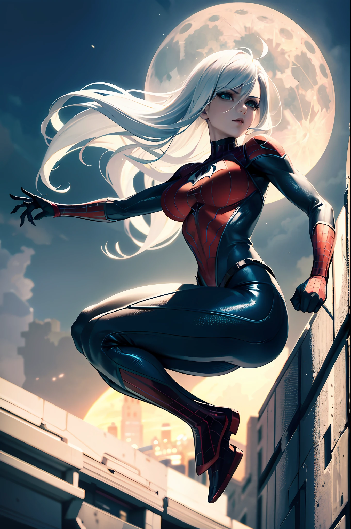 (Masterpiece, 4k resolution, ultra-realistic, very detailed), (Black superhero theme, charismatic, there's a girl on top of town, wearing Venom costume, she's a superhero), [ ((25 years), (long white hair:1.2), full body, (green eyes:1.2), ((Spider-Man pose), show of strength, jumping from one building to another), ((sandy urban environment):0.8)| (cityscape, at night, dynamic lights), (full moon))] # Explanation: The Prompt mainly describes a 4K painting of ultra-high definition, very realistic, very detailed. It shows a superheroine at the top of the city, wearing a Spider-Man costume. The theme in the painting is a venom superhero theme, the female protagonist has long white hair, is 25 years old and her entire body is shown in the painting. In terms of portraying the actions of superheroines, spiders are employed