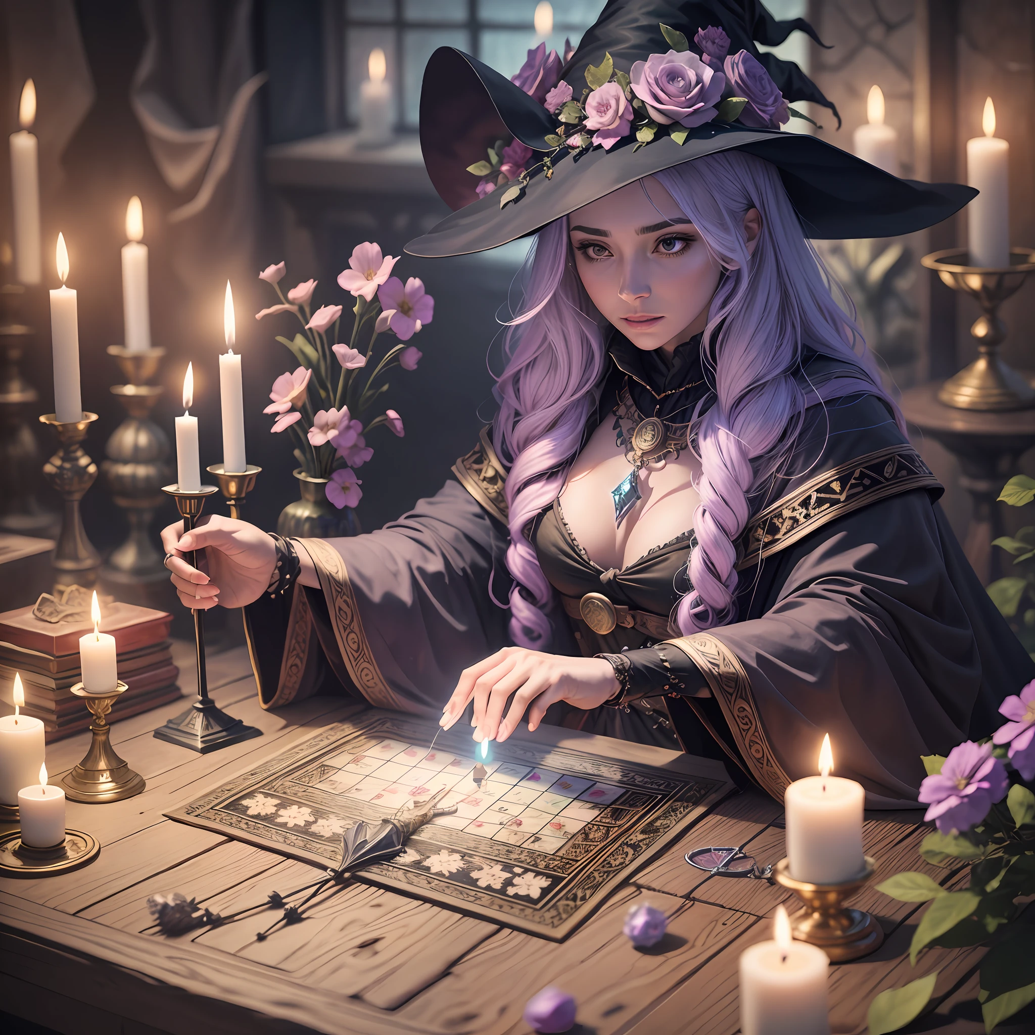 "Witch casting spells with candles in a magical 8k scene, surrounded by tarot cards, crystals and flowers."