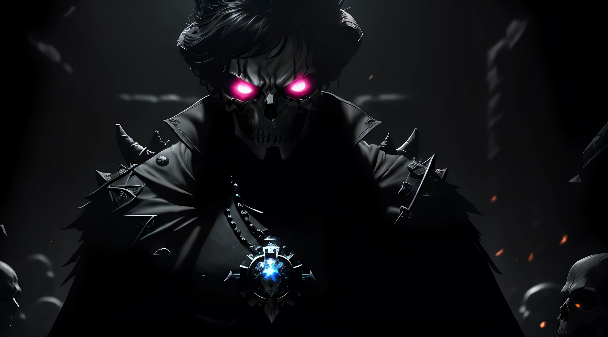(8k unit wallpaper CG extremely detailed, masterpiece, best quality, ultra-detailed), (((solo))), (((no horn)))), a shadowy being holding a powerful shiny amulet, with skull face, bright contour details on the amulet, wearing a broken black crown, (crowd behind) (upper body), (dynamic angle, dark eyes deep), (in a dungeon), cinematic light, edge lighting, best shade