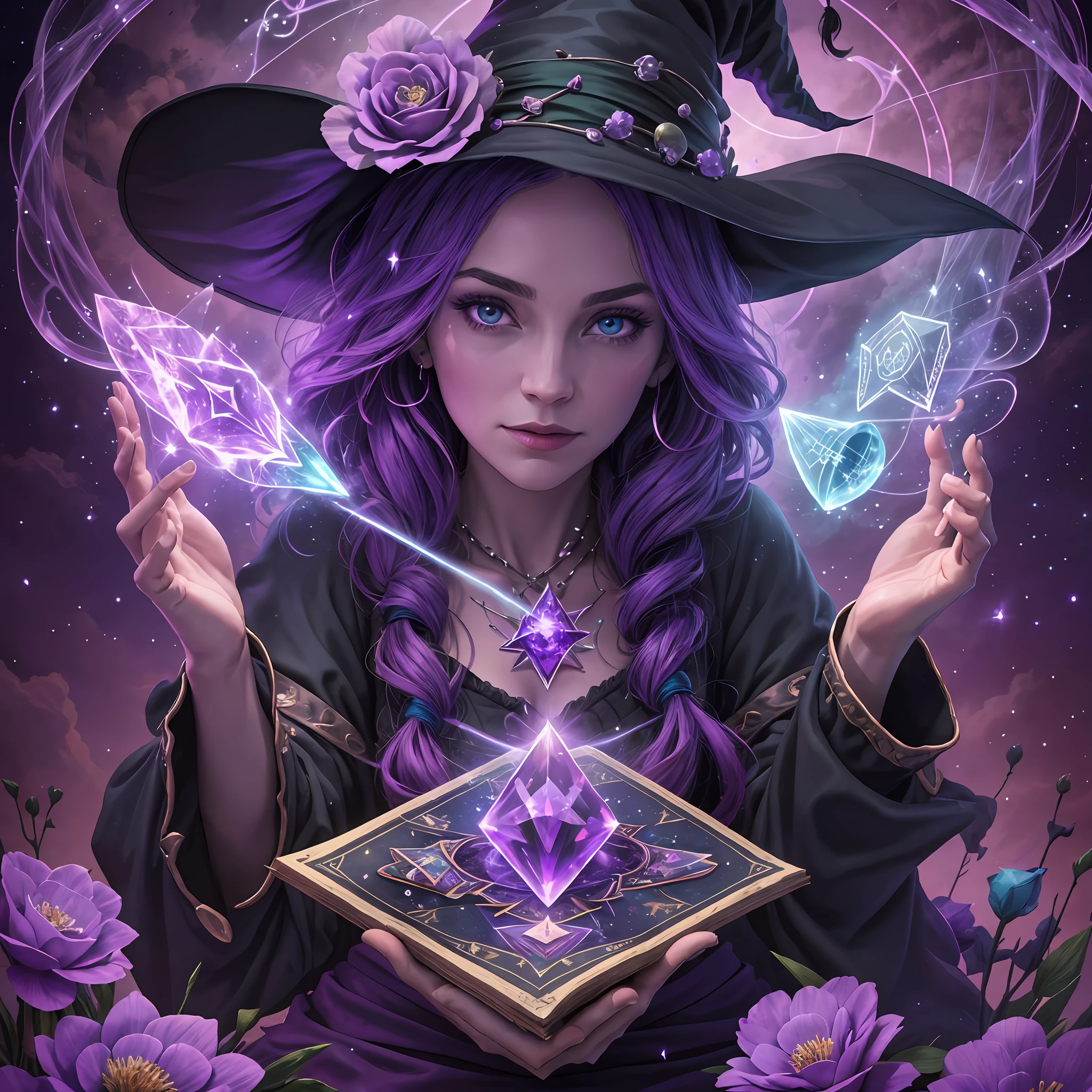 "(a witch doing magic), tarot cards, crystals, flowers, magical lights, purple and turquoise clouds, magic in 8k."