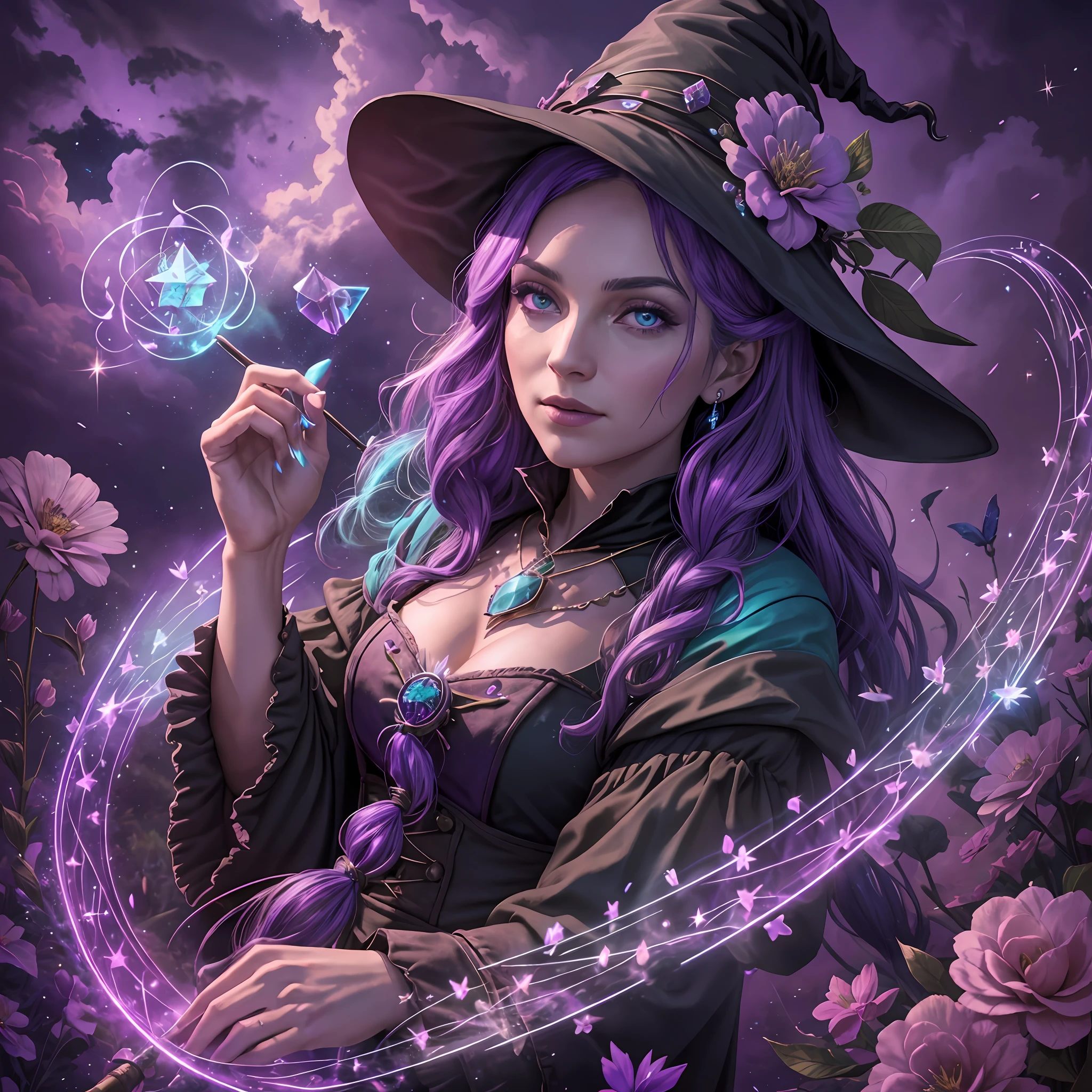 "(a witch doing magic), tarot cards, crystals, flowers, magical lights, purple and turquoise clouds, magic in 8k."