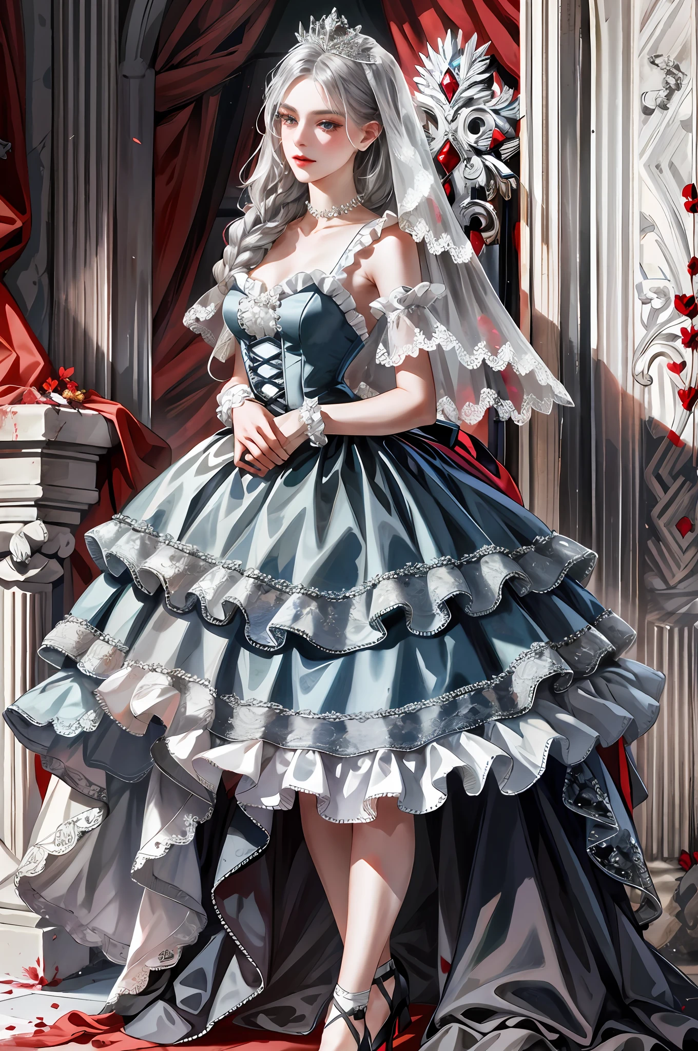 realistic, realistic, blood, dark red love heart decoration, love heart-shaped gemstones, skirt edge set with pearls, white collarless dress skirt, collar with unique design, layered skirt, burnt at the end of skirt, cutout at the end of skirt, red Mary Jane shoes, frills, ruffles, maximalism, delicate and complex design, white gloves, gothic, wedding dress, blood, bandages, long gray hair, sideburns are two fine braids, princess cut, extreme details, delicate depiction, delicate depiction, delicate hands, cold colors of eyes