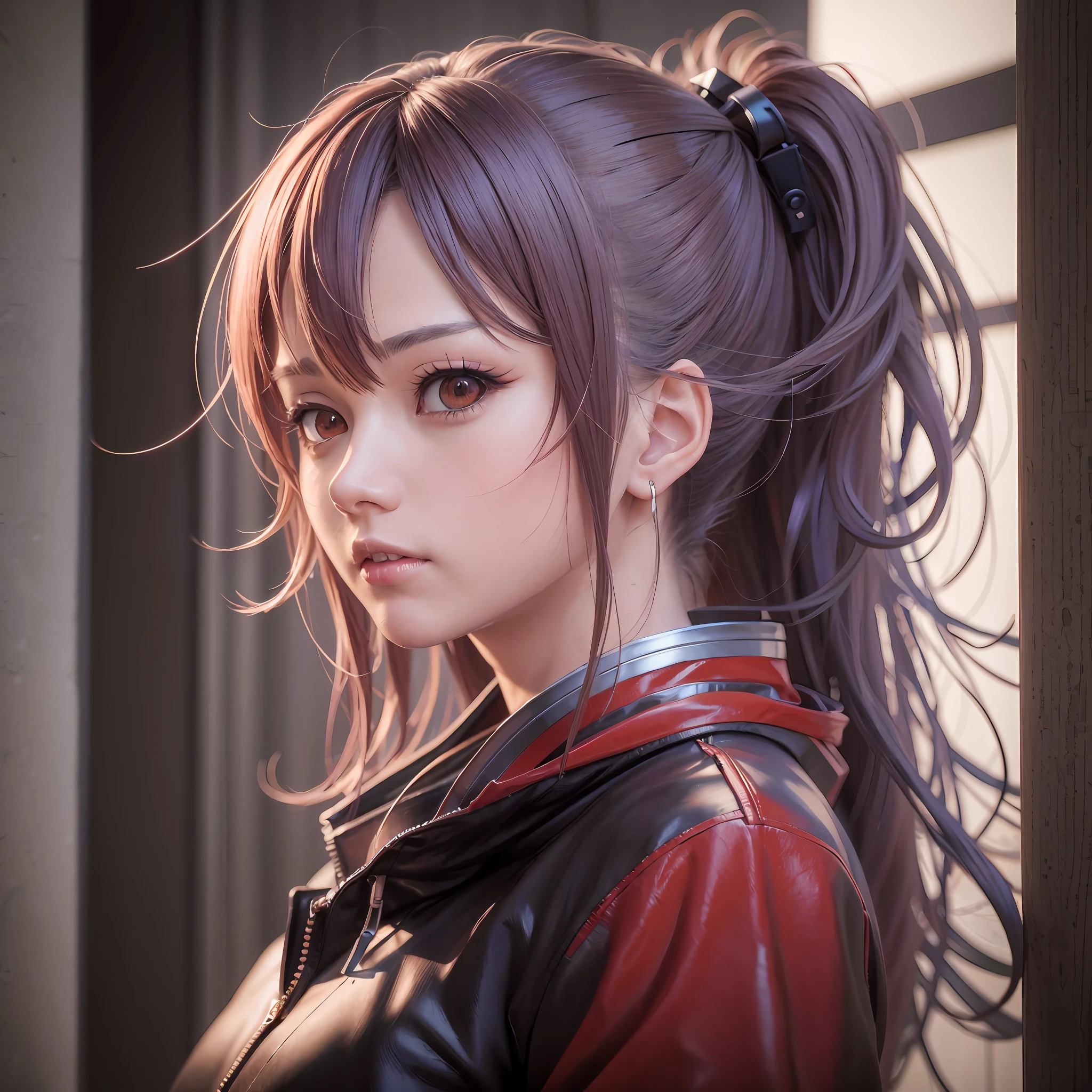 anime girl with ponytail in leather jacket and red jacket, realistic anime artstyle, photorealistic anime girl render, realistic anime 3 d style, smooth anime cg art, detailed digital anime art, anime realism style, detailed portrait of anime girl, realistic anime art style, realistic artstyle, ig model | artgerm, 3 d anime realistic, portrait anime girl