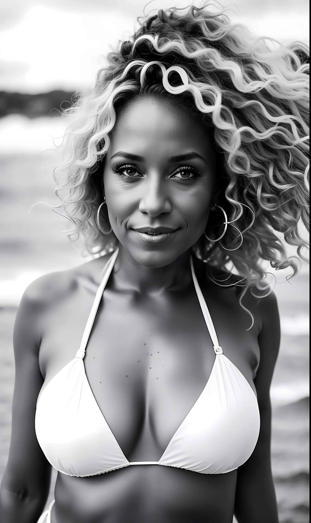 black and white photo of a 44-year-old woman with bikini, blonde curly hair, full breasts, big ass, face, half body, body, highly detailed skin, skin pores, coastline, cloudy weather, wind, waves, 8k uhd, Dslr, soft lighting, high quality, film grain, Fujifilm XT3
