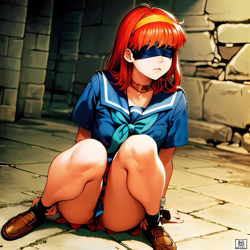 (masterpiece, best quality:1.2),(jail, underground  dungeon, crying, bdsm, binded,blindfold, bondage:1.3), 1990s \(style\), retro style, full body, solo,red hair, 1girl, fujisaki shiori,  looking away, yellow hairband, school uniform, skyblue serafuku, long sleeves, skybluepleated skirt,