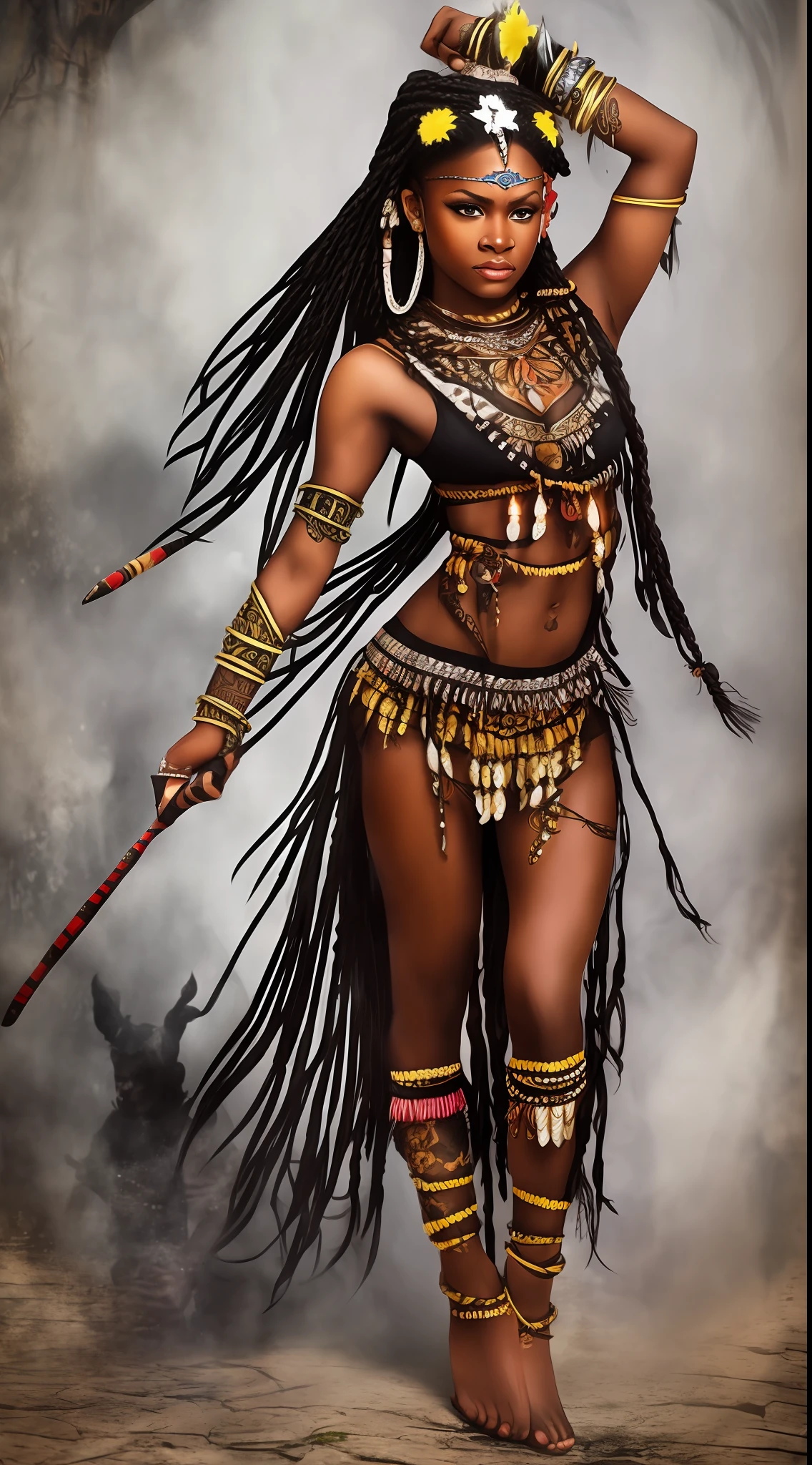 Drawing in fantasy, horror+gothic, realistic high-definition fairy tale art+Full body+Child+Dark brown skin+Tribal body tattoos+RPG druid+White background+Acrobatics+Muscular+Wearing colorful African ceremonial clothing+Wearing baggy cloth pants+Band+Braided hair+ --auto --s2