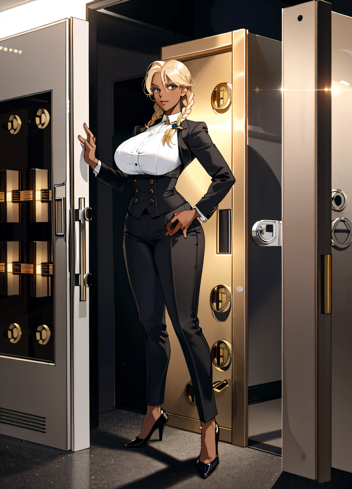 1 Character woman, expert relojuero, light hair braids, black skin tone, thin waist, wide hips, light eyes, large breasts, suit and pants, full body, high heeled shoes, ((bank vault door scenario)), hi-res,