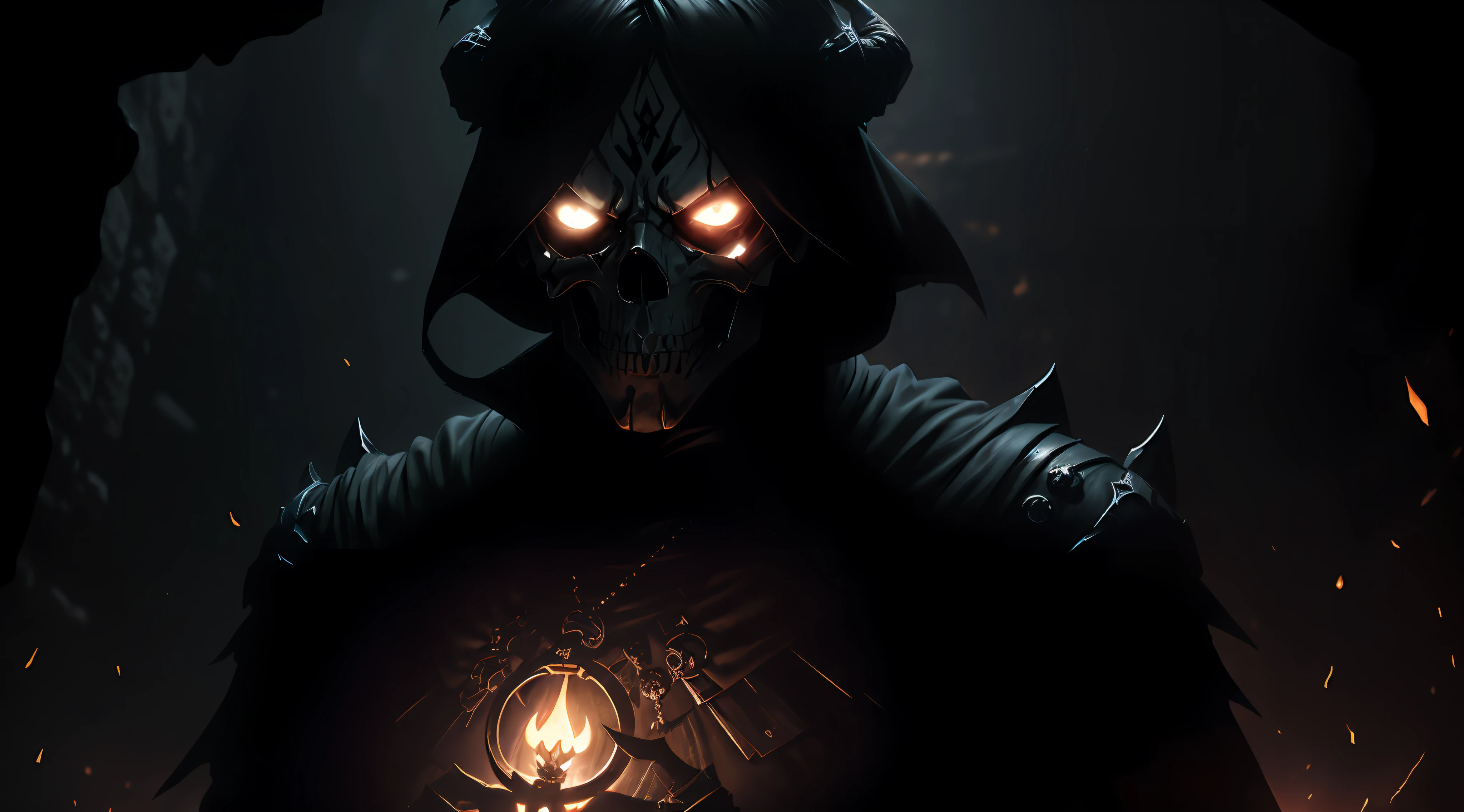 (8k unit wallpaper CG extremely detailed, masterpiece, best quality, ultra-detailed), (((solo))), (((no horn)))), a shadowy being holding a powerful shiny amulet, with skull face, bright contour details on the amulet, wearing a broken black crown, (crowd behind) (upper body), (dynamic angle, dark eyes deep), (in a dungeon), cinematic light, edge lighting,  best shade